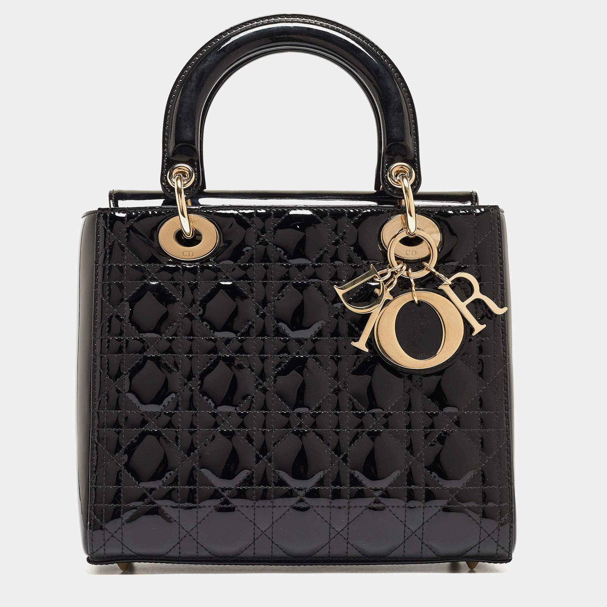 Pre Owned Dior Black Cannage Patent Leather Medium Lady Dior Tote