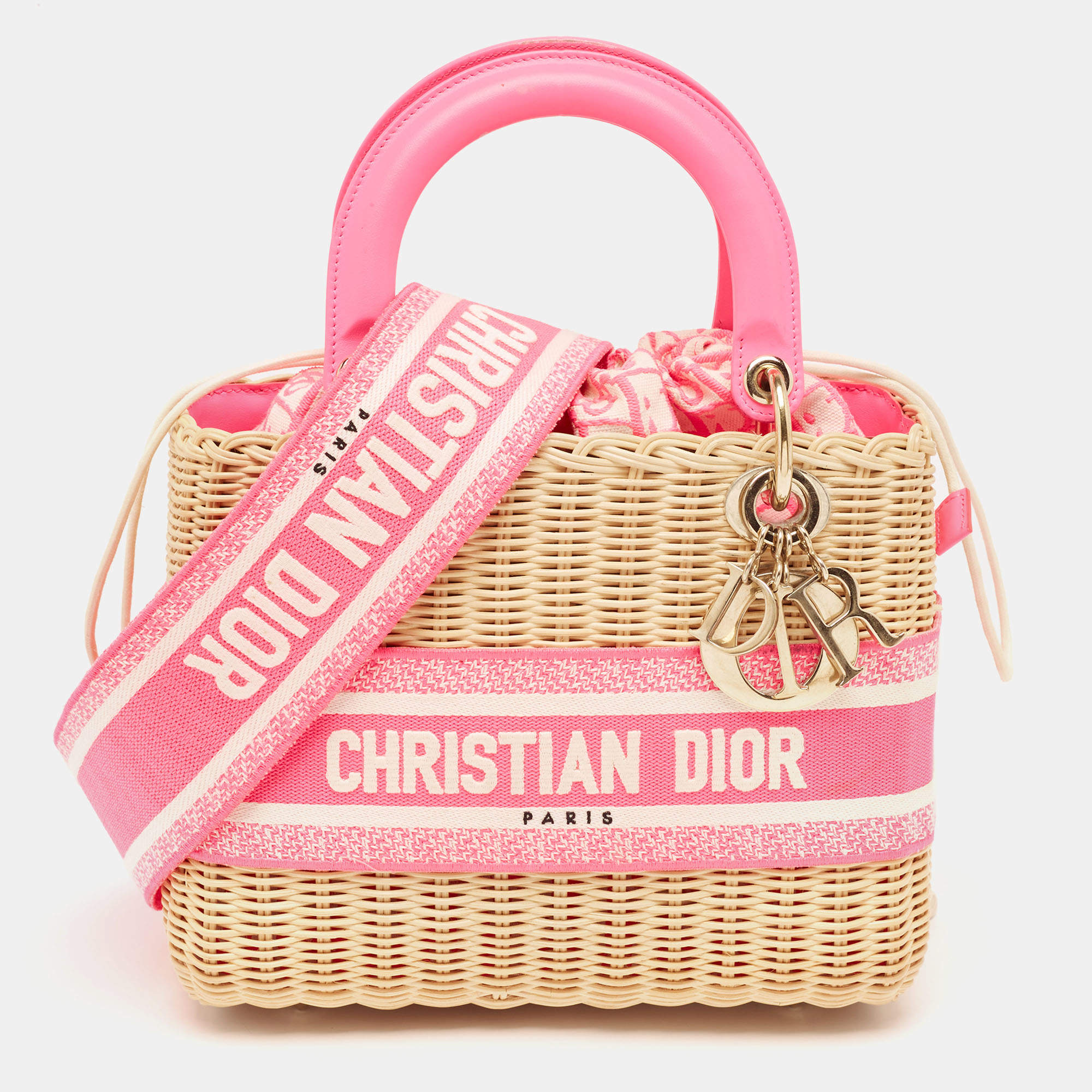 Pre Owned Dior Pink/Natural Wicker and Embroidered Canvas Medium Lady Dior Tote