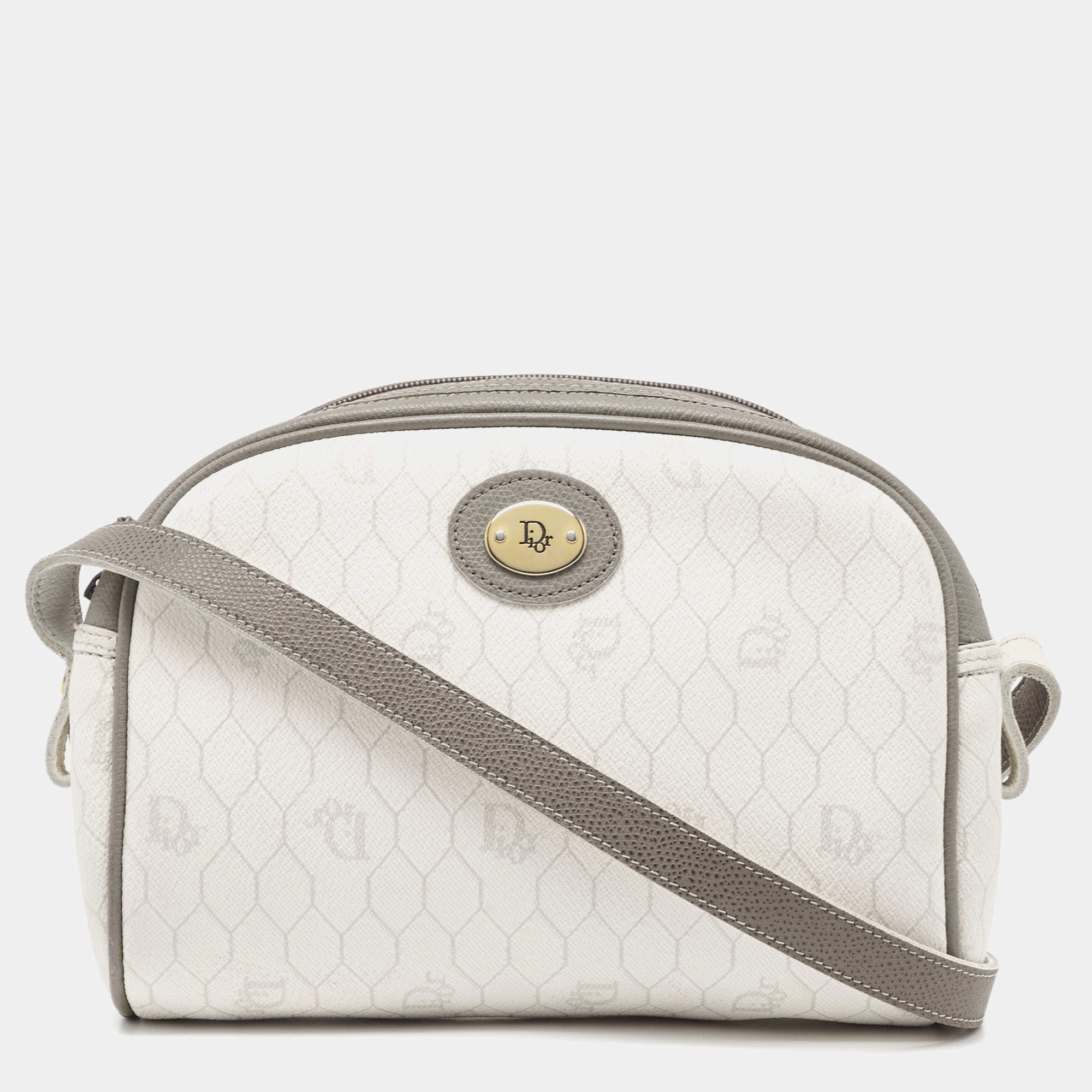 Pre Owned Dior White/Grey Honeycomb Coated Canvas Shoulder Bag
