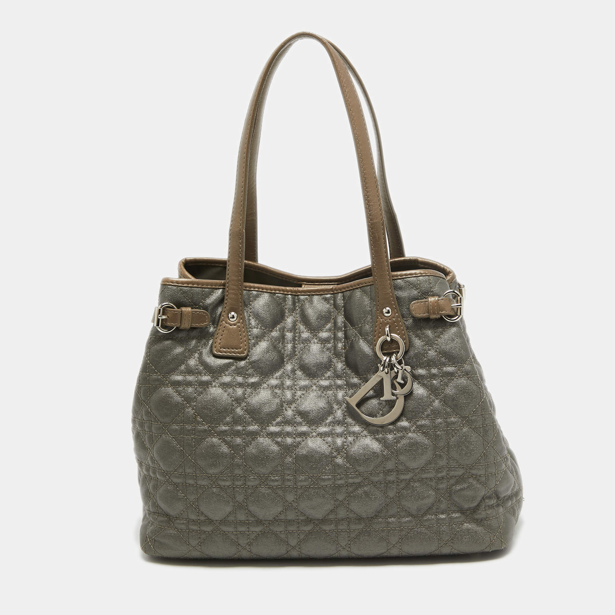 Pre Owned Dior Grey/Metallic Brown Coated Canvas and Leather Small Panarea Tote