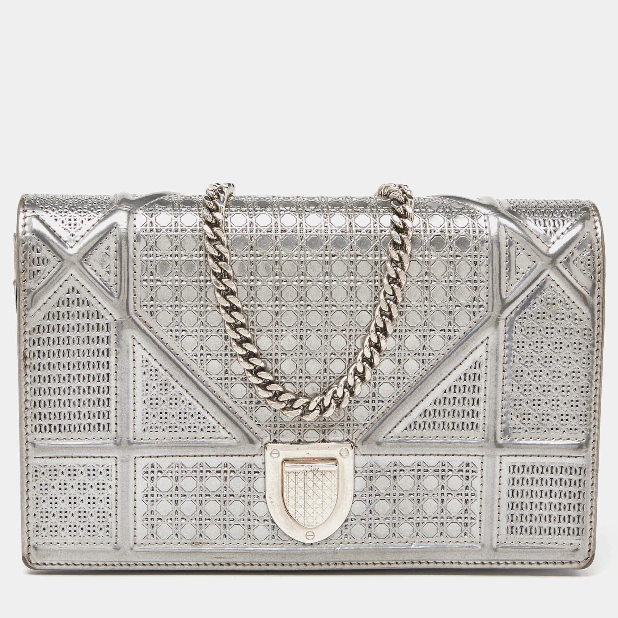 Dior SIlver Micro Cannage Patent Leather Diorama Wallet On Chain