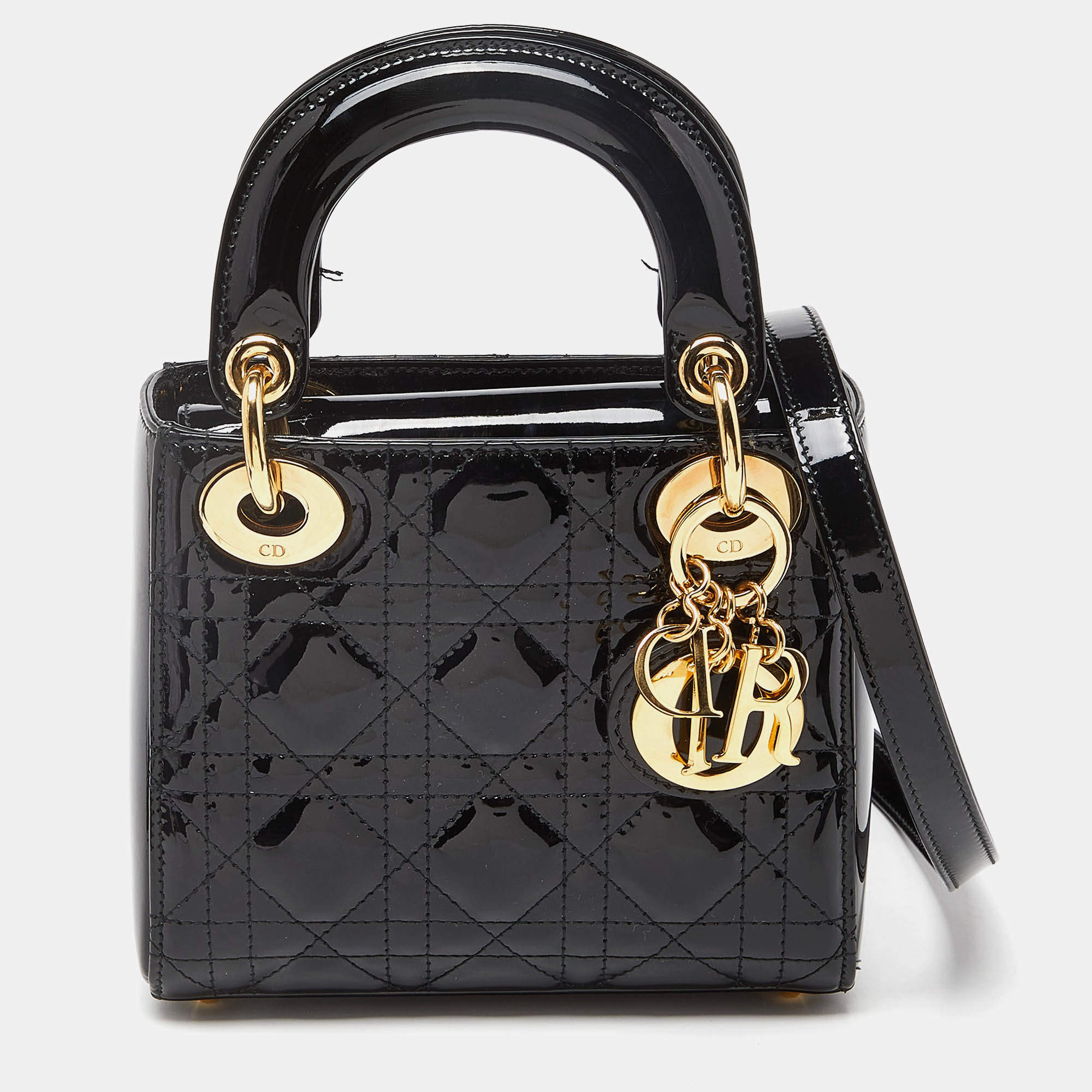 Pre Owned Dior Black Cannage Patent Leather Mini Lady Dior Tote