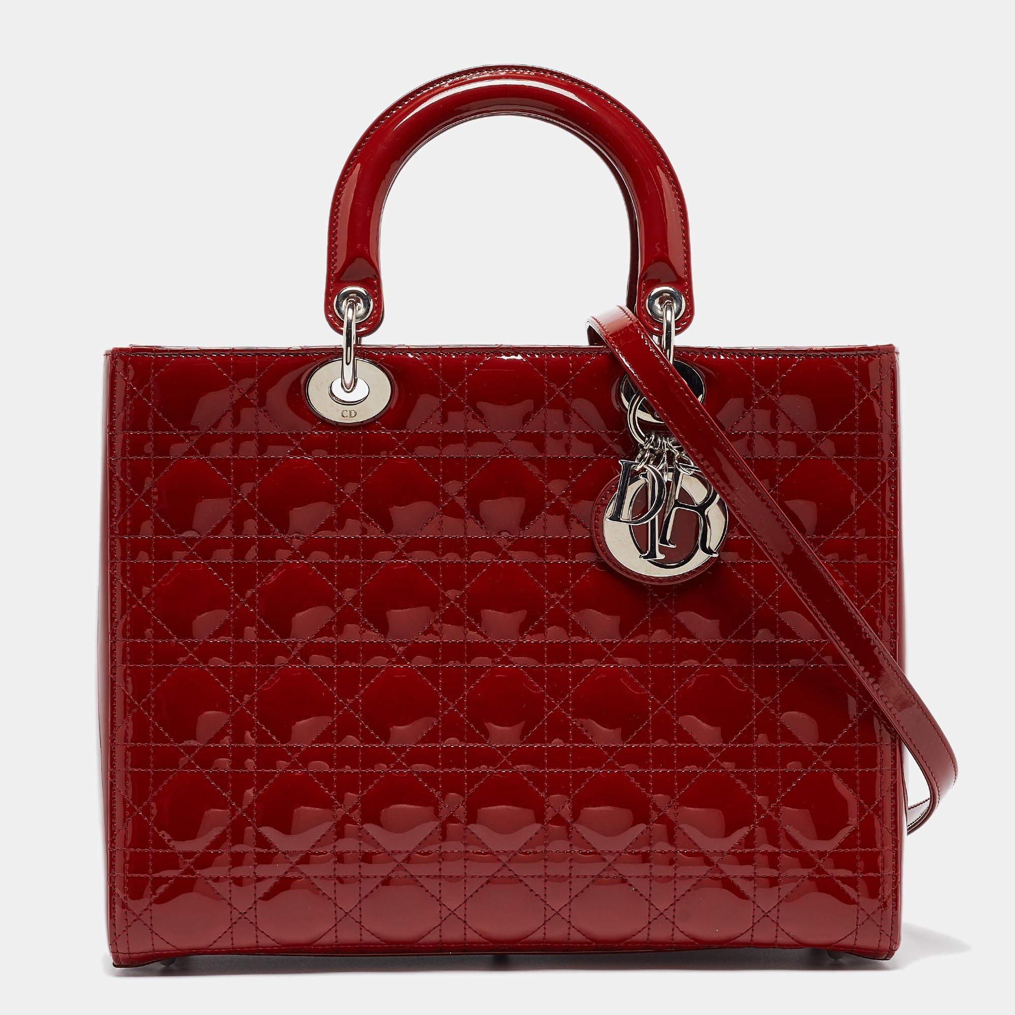 Pre Owned Dior Red Cannage Patent Leather Large Lady Dior Tote