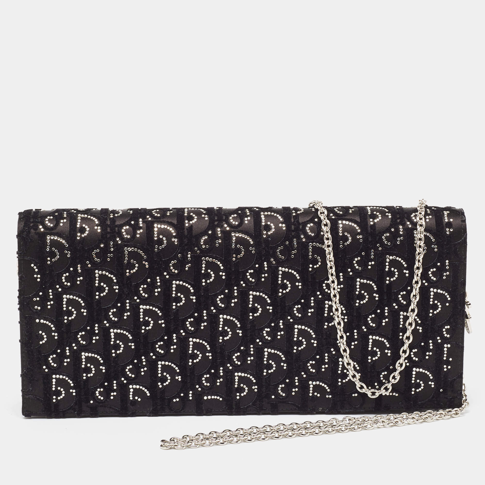 Dior Black Oblique Satin Lady Dior Crystals Chain Clutch