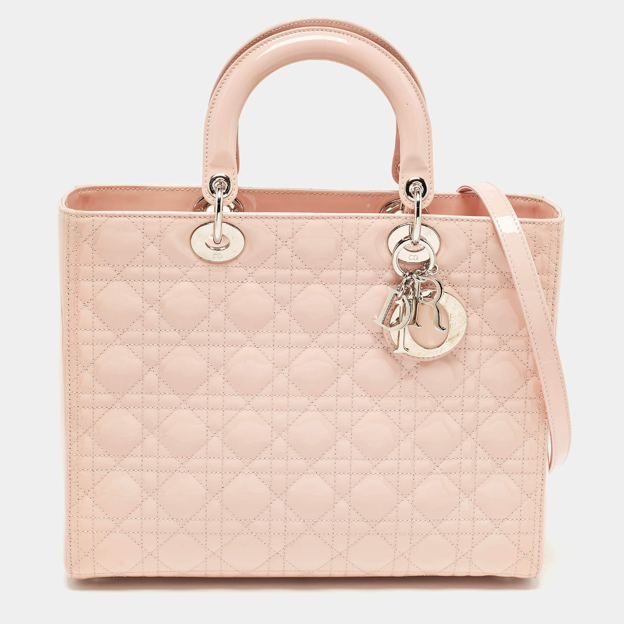 Pre Owned Dior Light Pink Cannage Patent Leather Large Lady Dior Tote