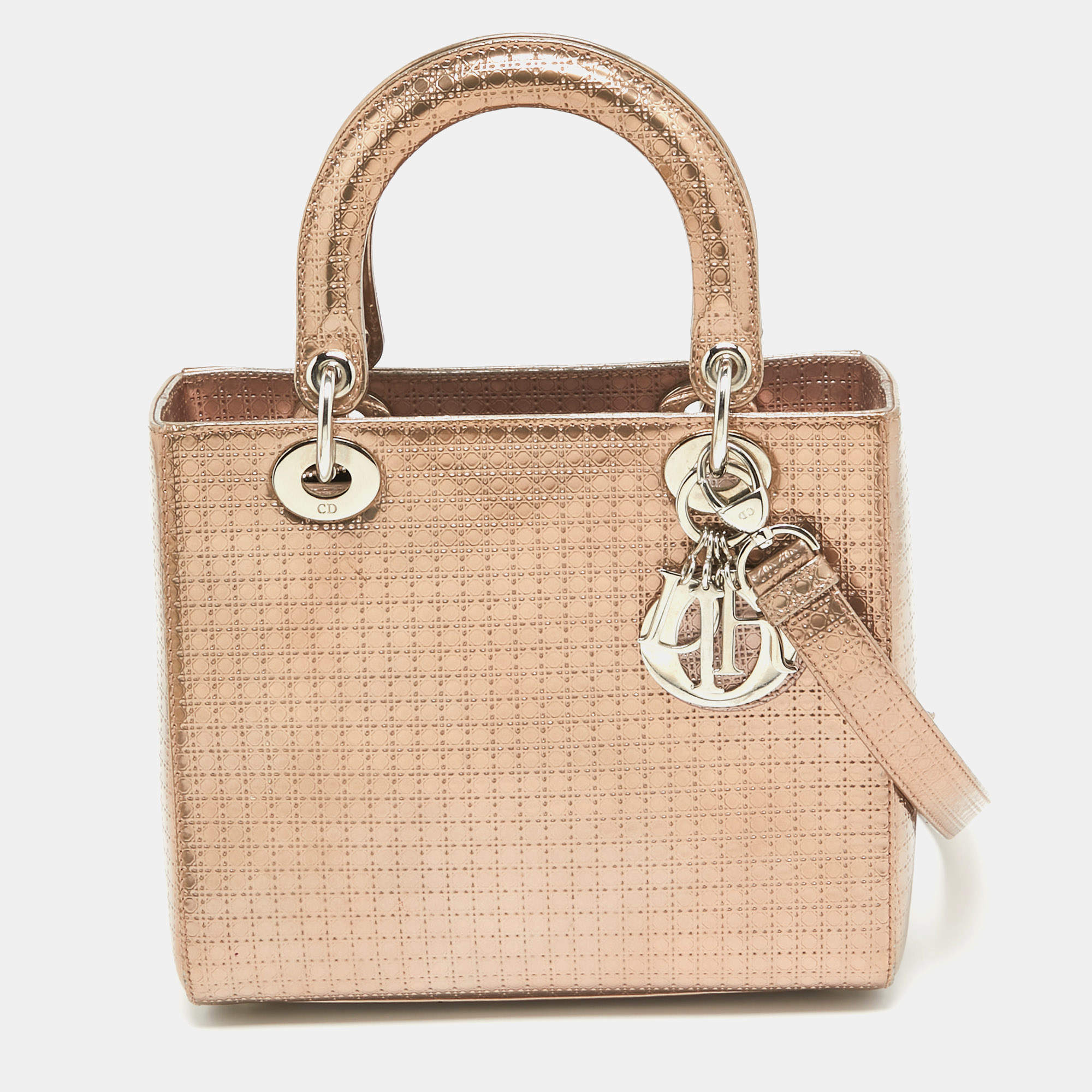 Pre Owned Dior Metallic Microcannage Patent Leather Medium Lady Dior Tote