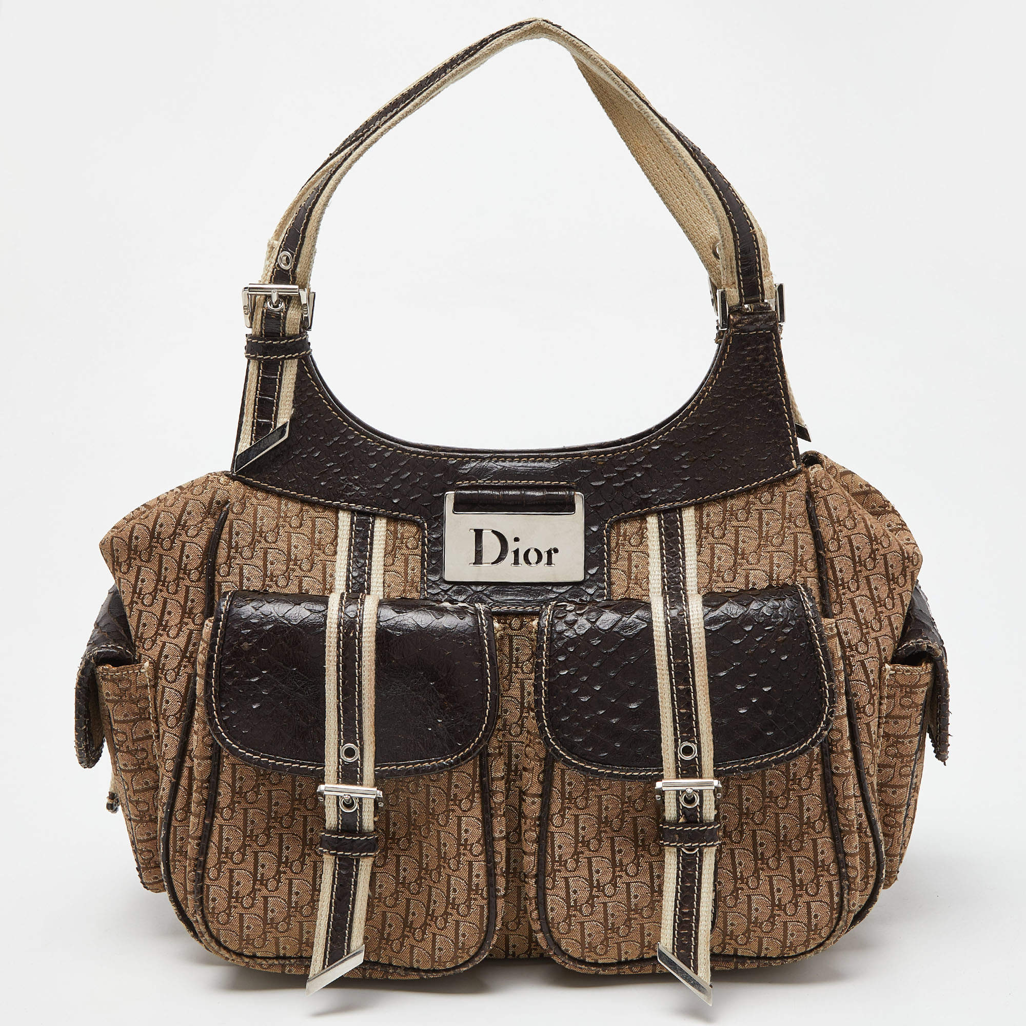 Pre Owned Dior Beige/Brown Diorissimo Canvas and Python Cargo Satchel