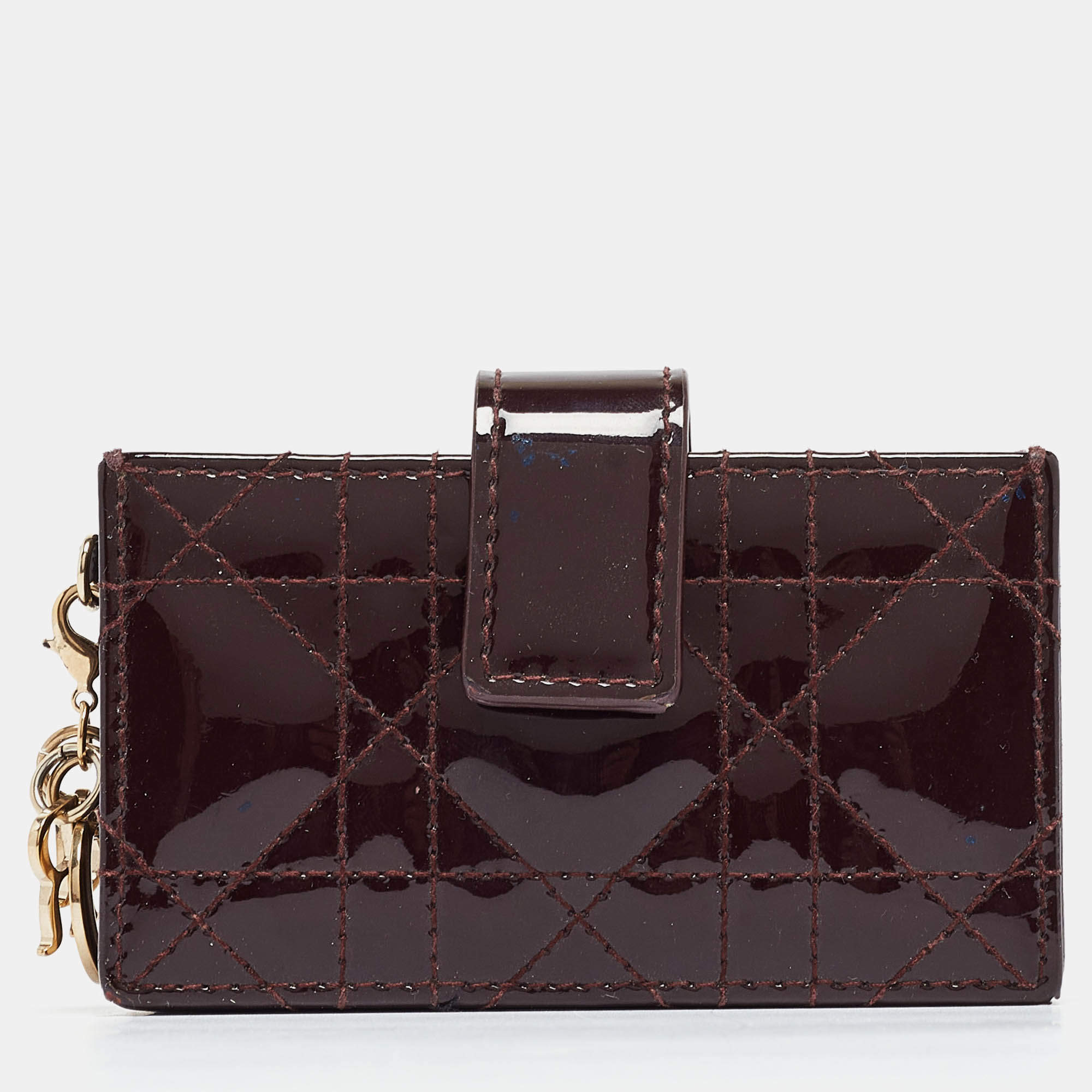 Pre Owned Dior Burgundy Cannage Patent Leather Lady Dior 5 Gusset Card Holder