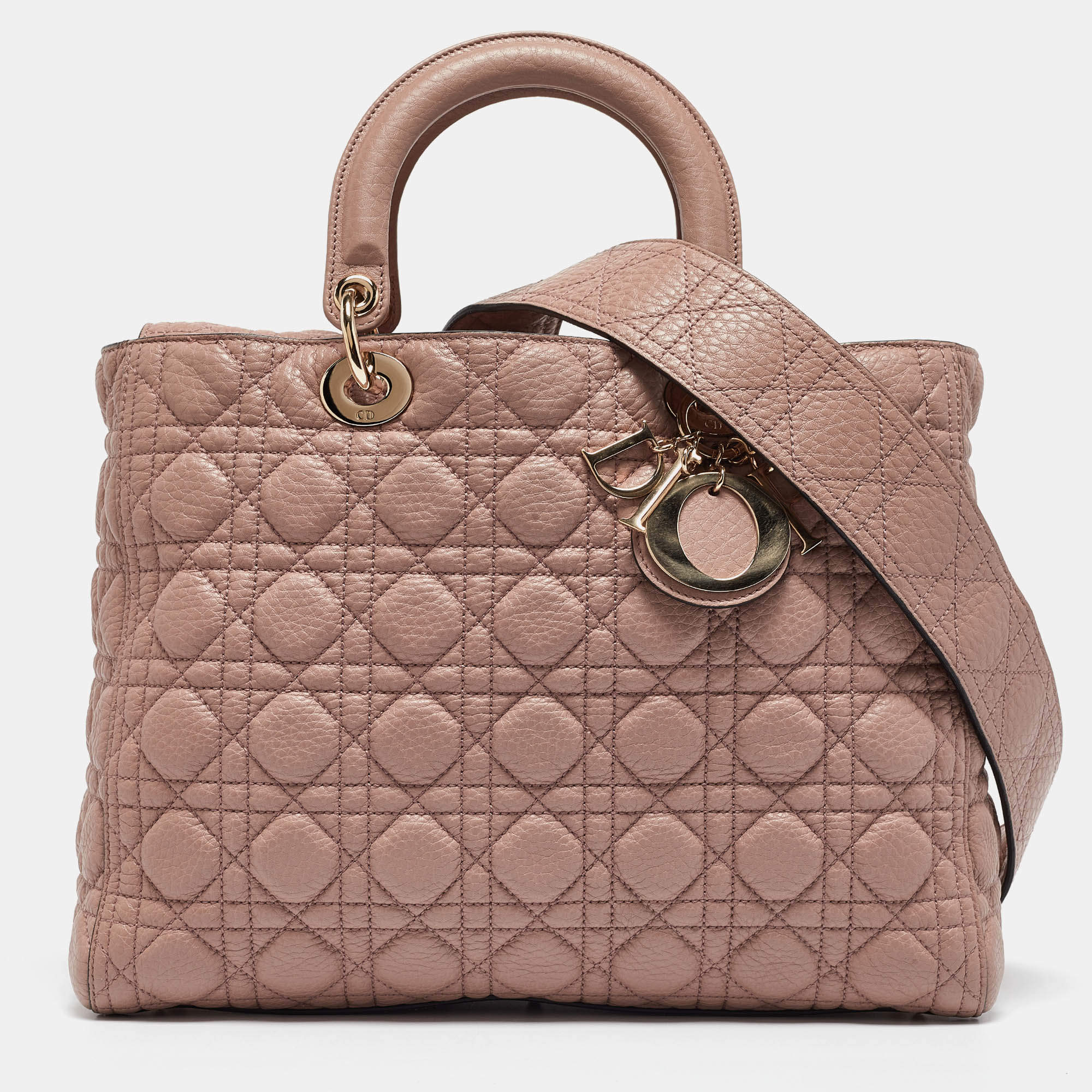 Pre Owned Dior Old Rose Cannage Soft Leather Large Lady Dior Tote
