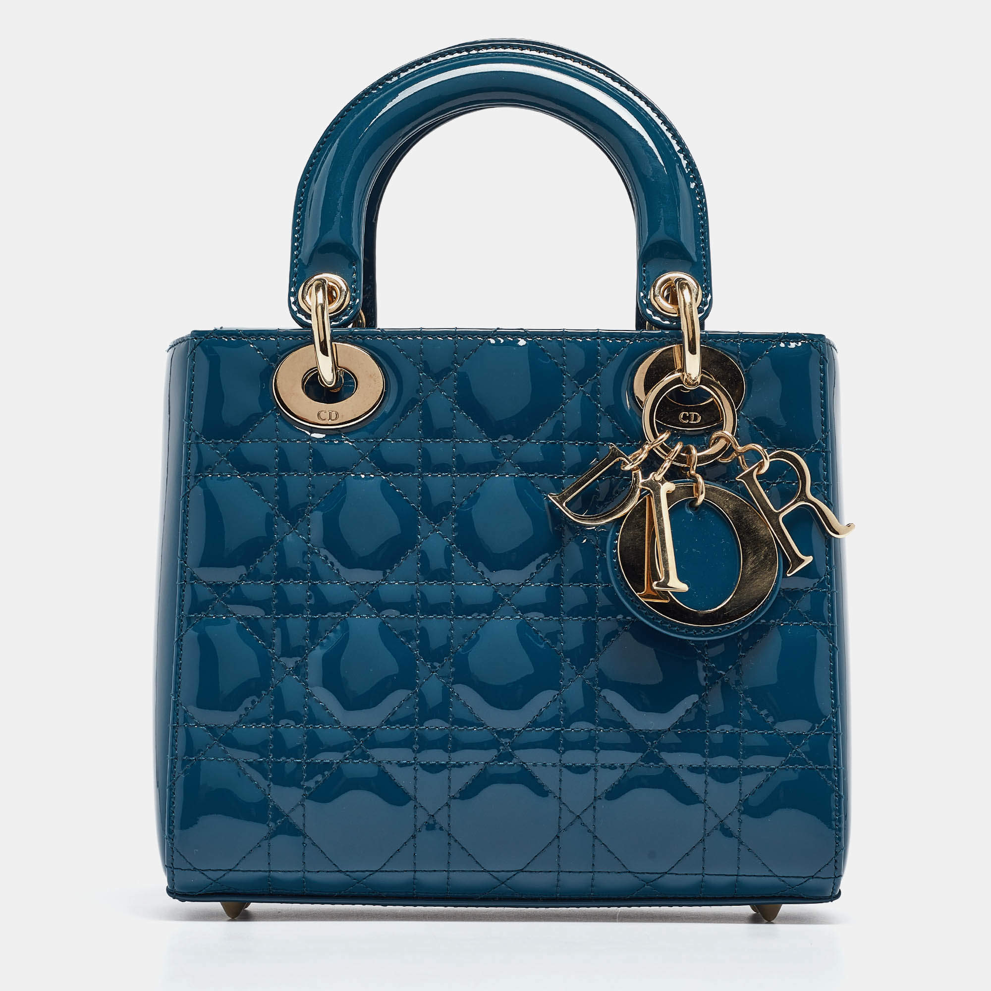 Pre Owned Dior Blue Cannage Patent Leather Small Lady Dior Tote