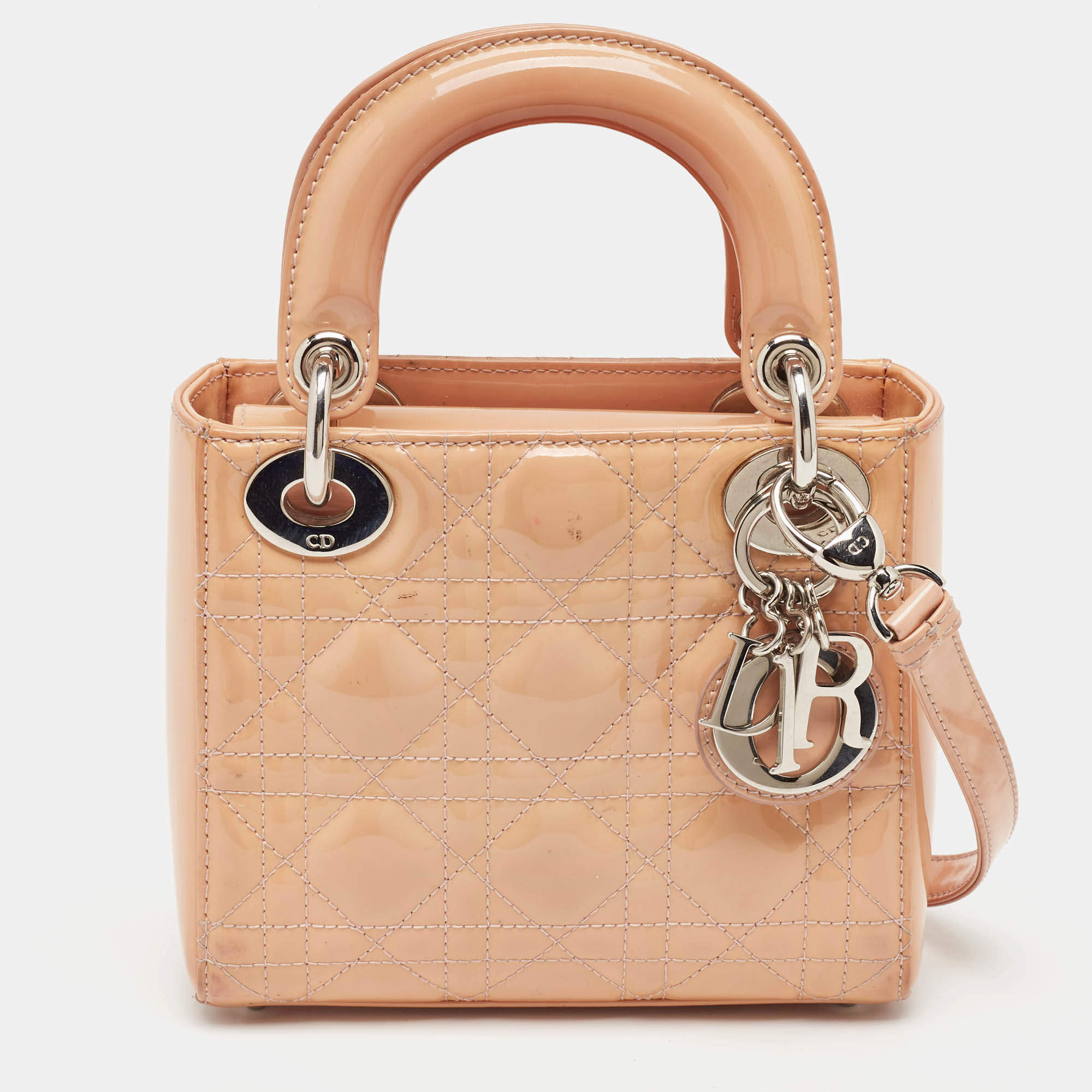 Pre Owned Dior Beige Cannage Patent Leather Mini Lady Dior Tote