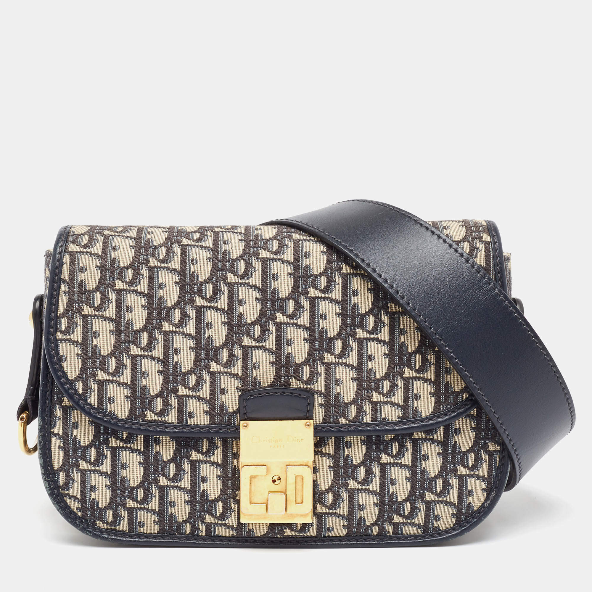 Pre Owned Dior Blue Oblique Canvas and Leather CD Logo Shoulder Bag