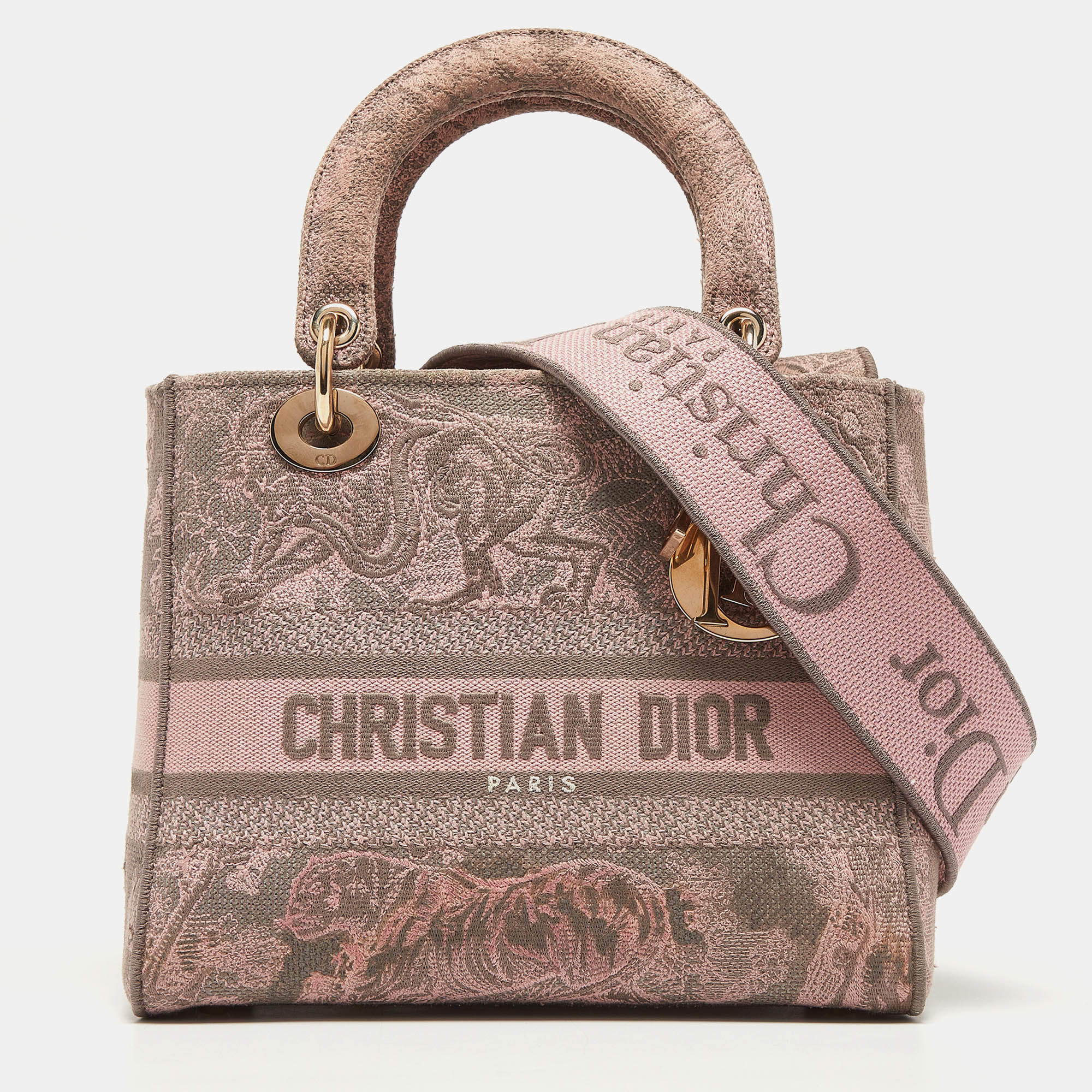 Pre Owned Dior Pink/Grey Embroidered Canvas Medium Lady D-Lite Tote