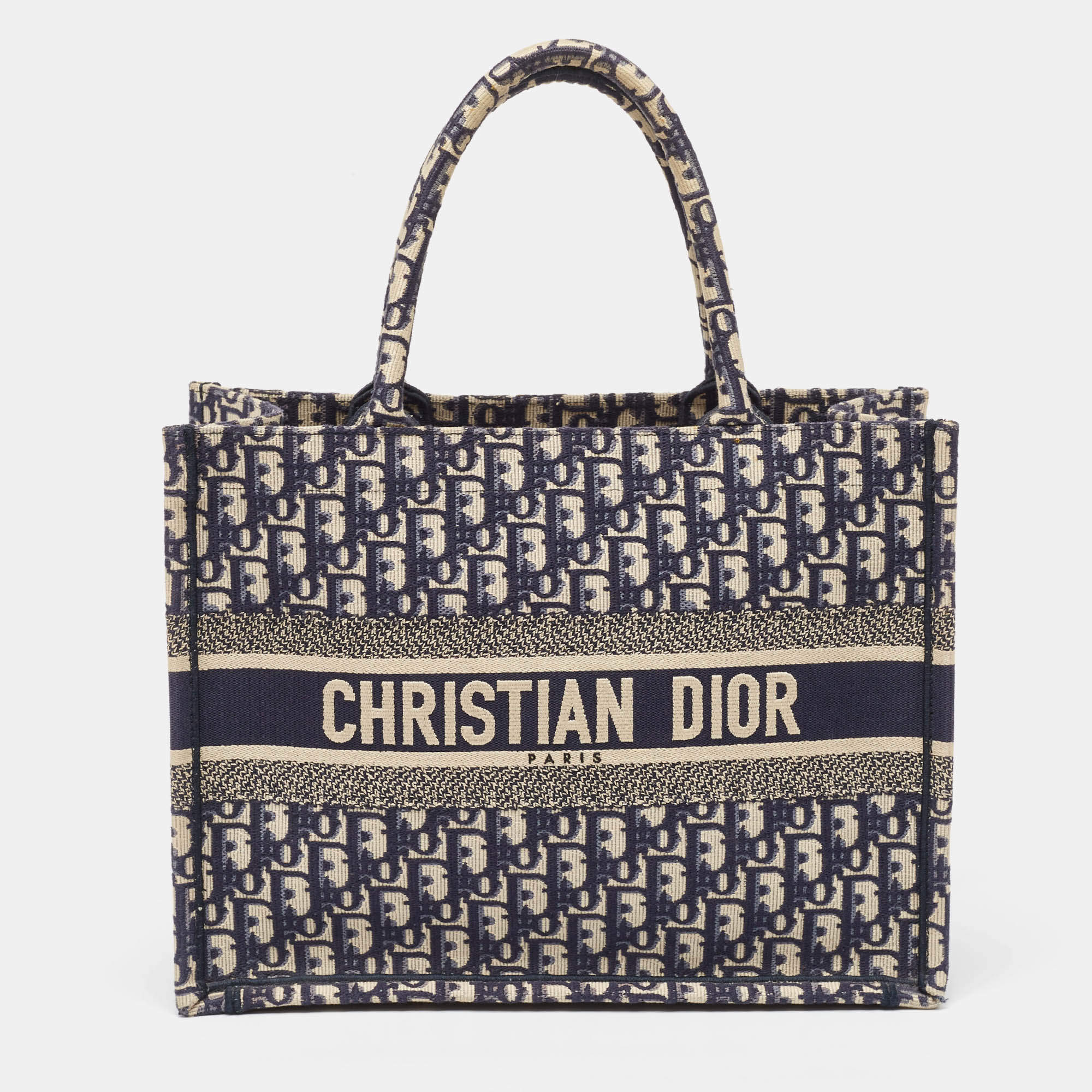 Pre Owned Dior Navy Blue Oblique Embroidered Canvas Medium Book Tote