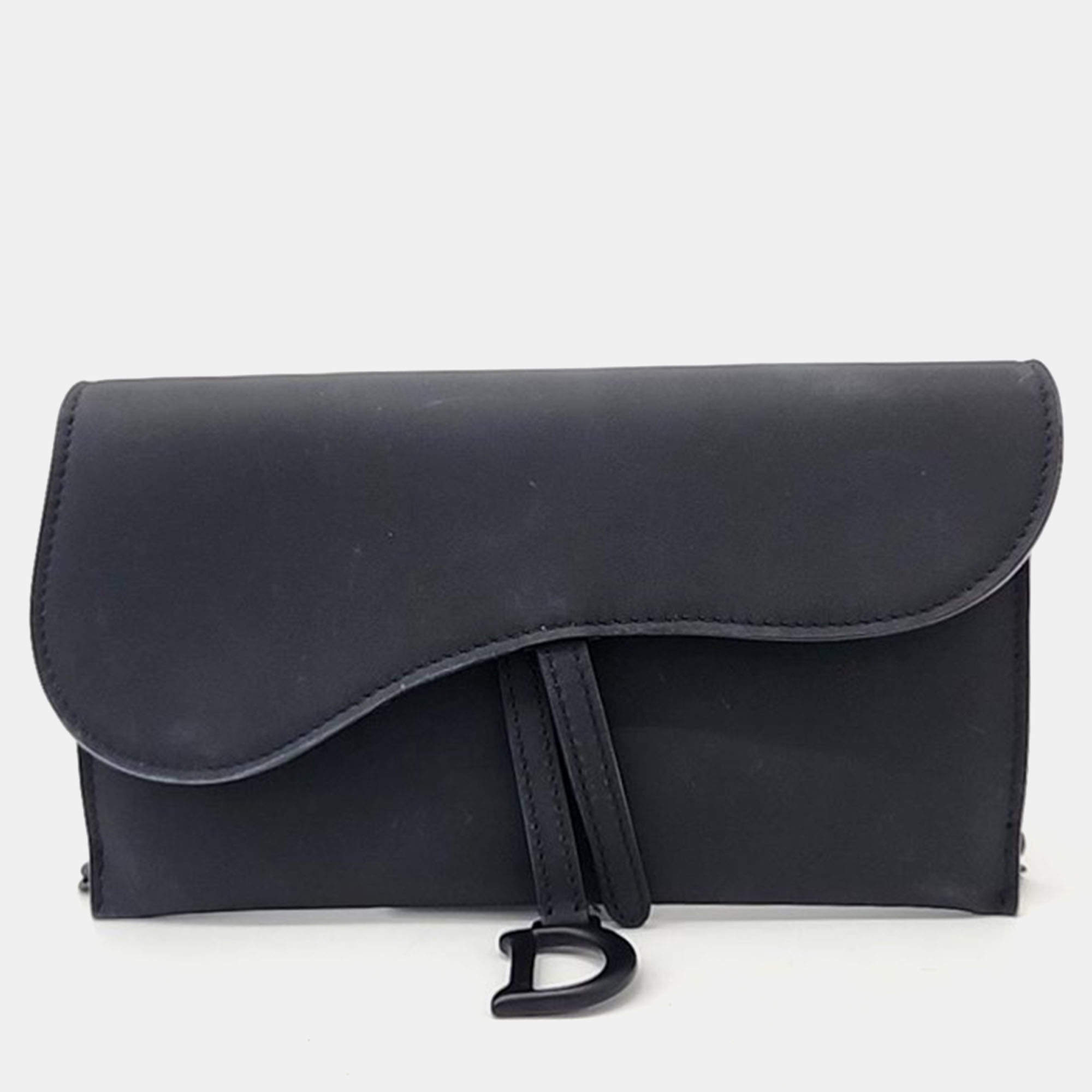 Pre Owned Dior Black Ultra-matte Leather Saddle Chain Wallet