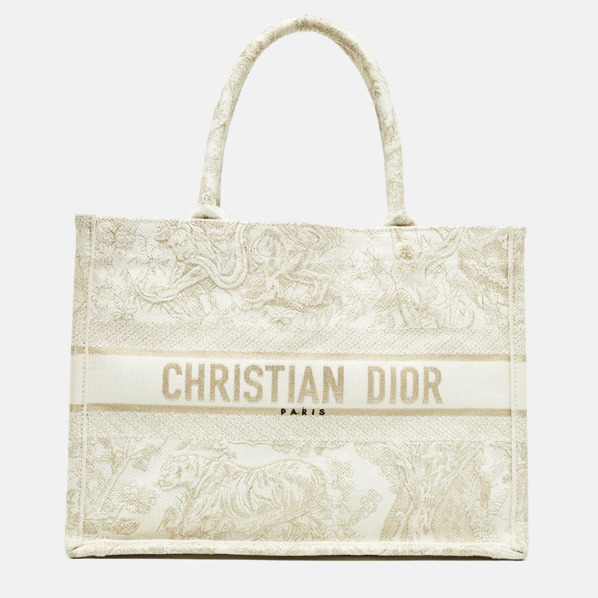 Dior Gold/White Toile De Jouy Embroidered Canvas Medium Book Tote