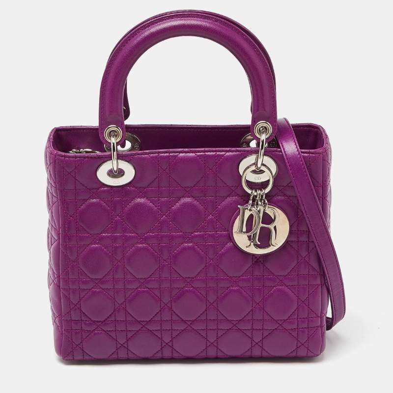 Pre Owned Dior Purple Cannage Leather Medium Lady Dior Tote 