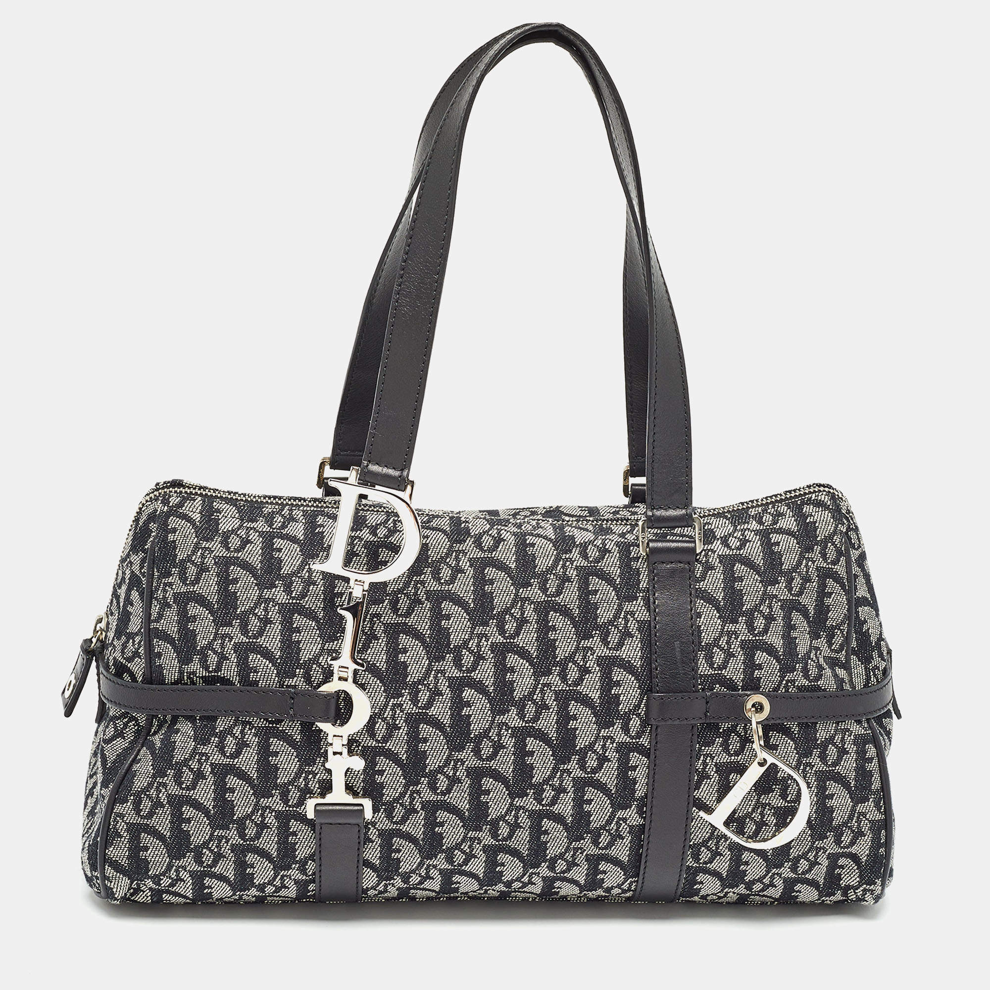 Pre Owned Dior Navy Blue Oblique Canvas and Leather Charms Boston Bag