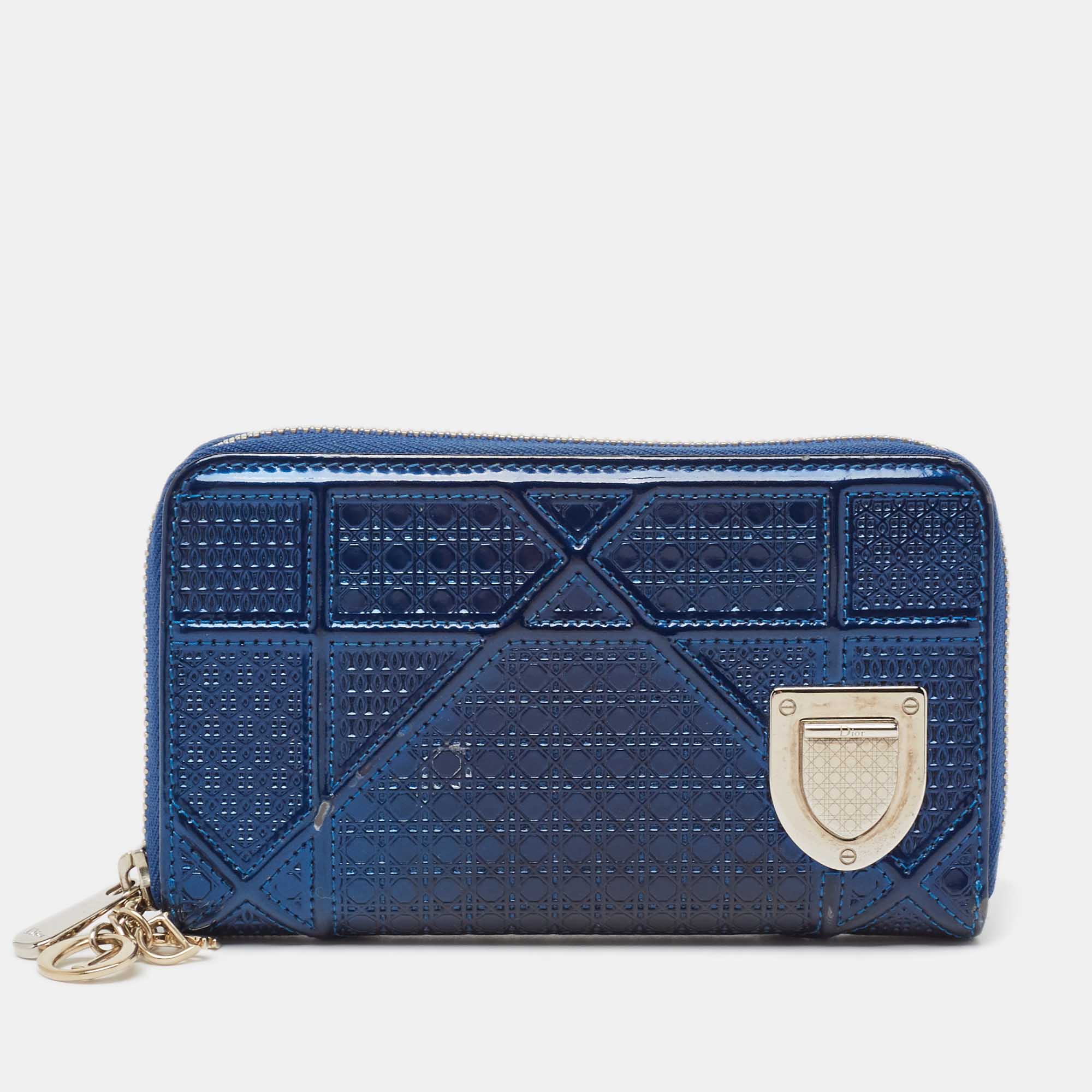 Dior Blue Micro Cannage Patent Leather Diorama Zip Around Wallet