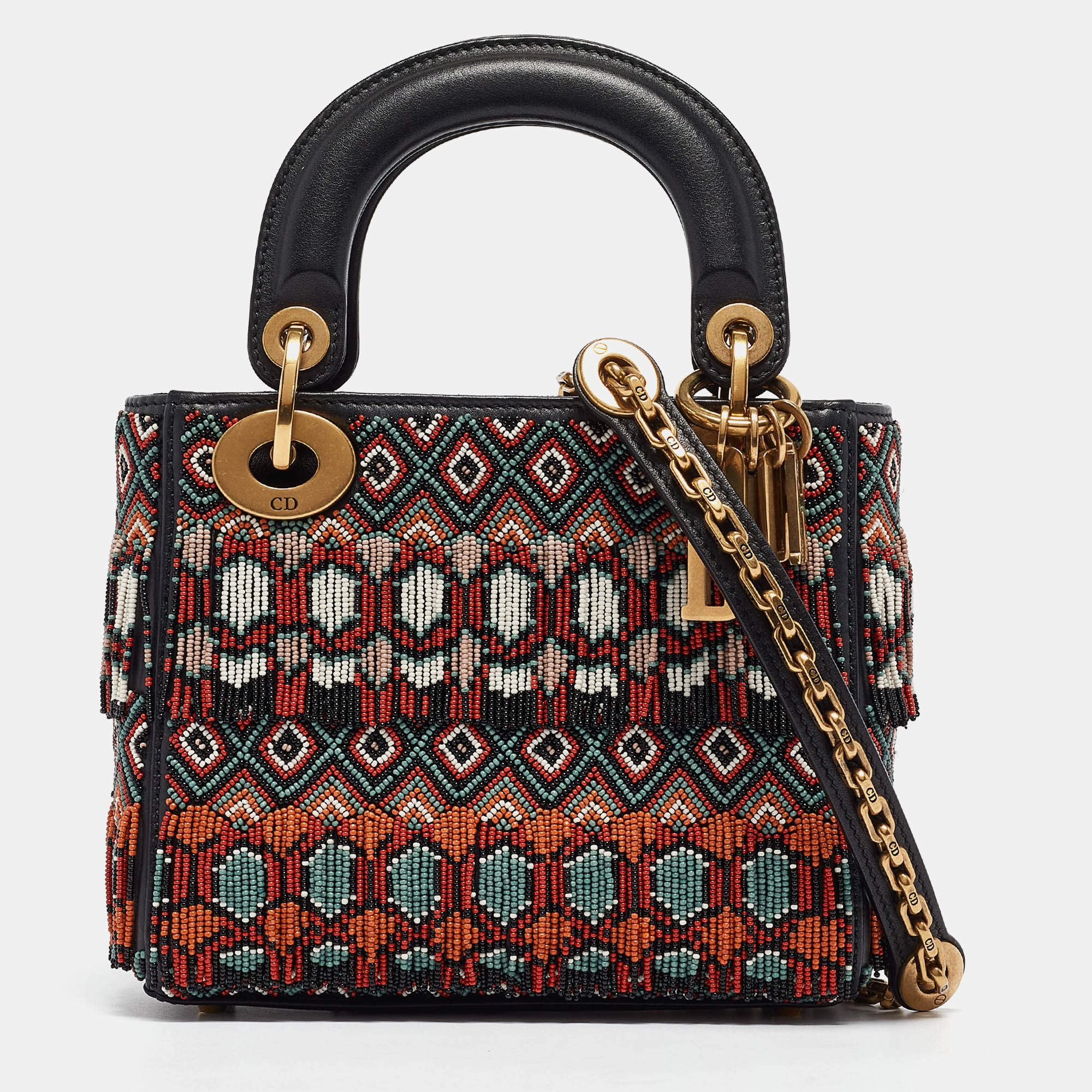 Pre Owned Dior Black/Multicolor Leather Beaded Fringe Mini Lady Dior Tote