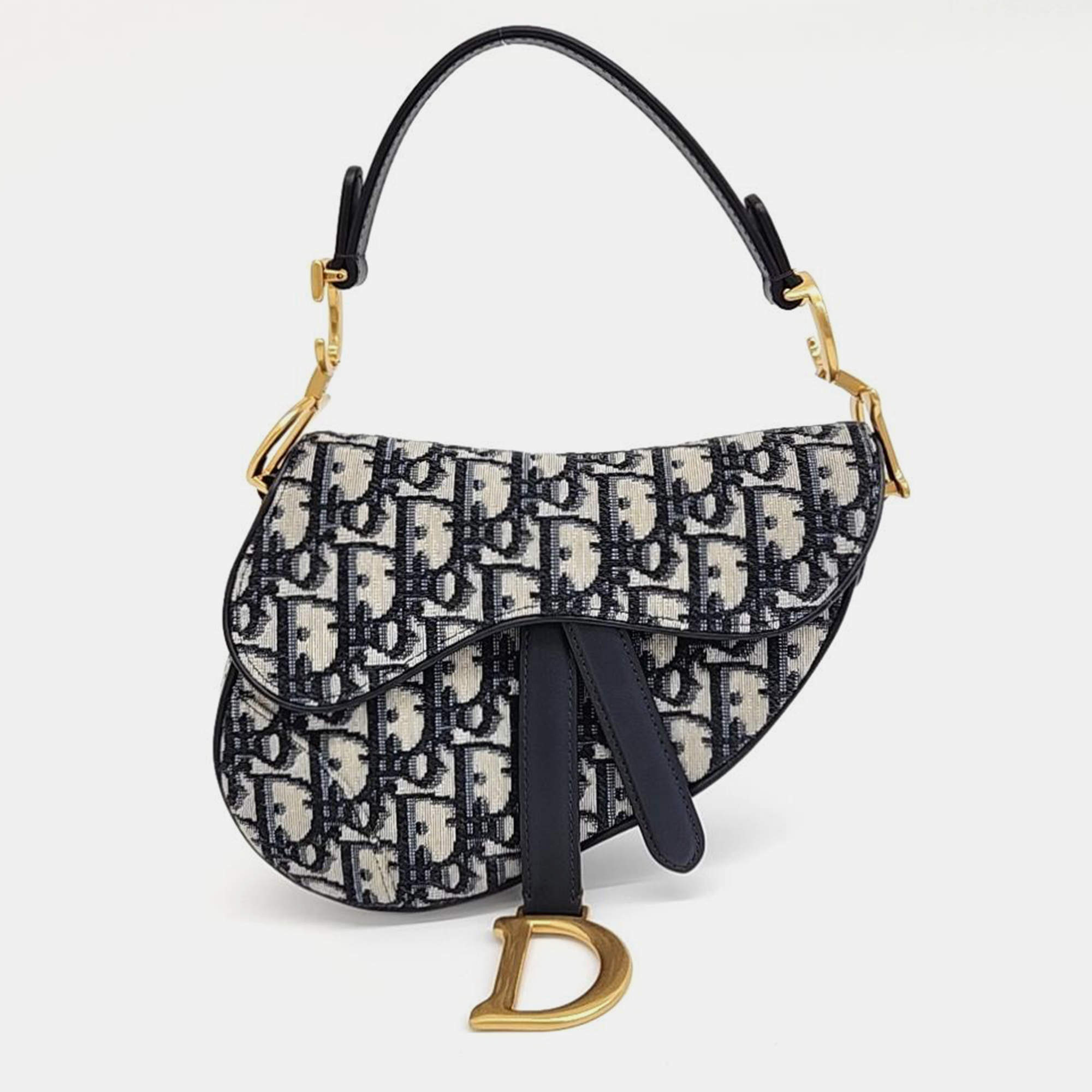 Dior Navy Blue/Beige Oblique Canvas and Leather Mini Saddle Bag