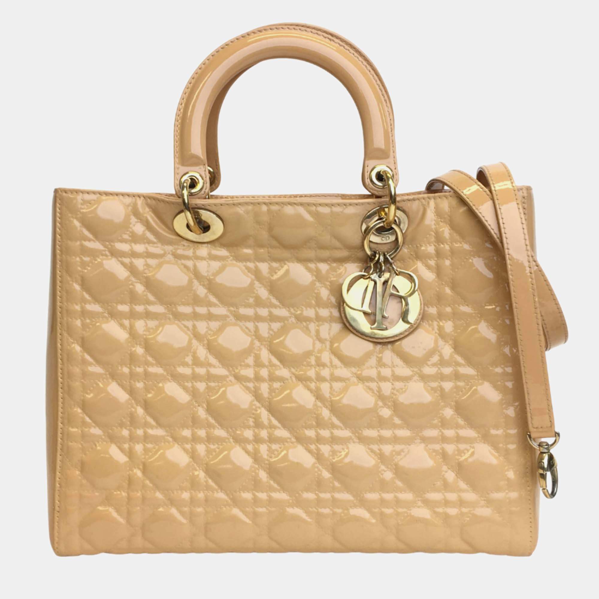 Pre Owned Dior Beige Patent Leather Large Lady Dior Tote Bag