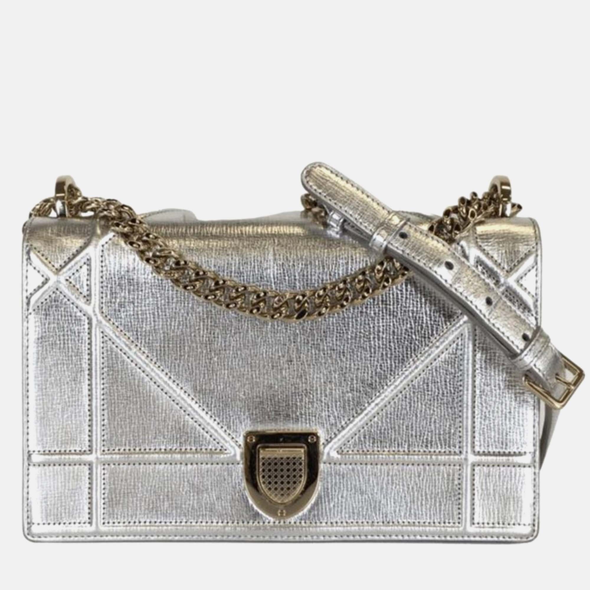 Dior Silver Leather Medium Diorama Shoulder Bag