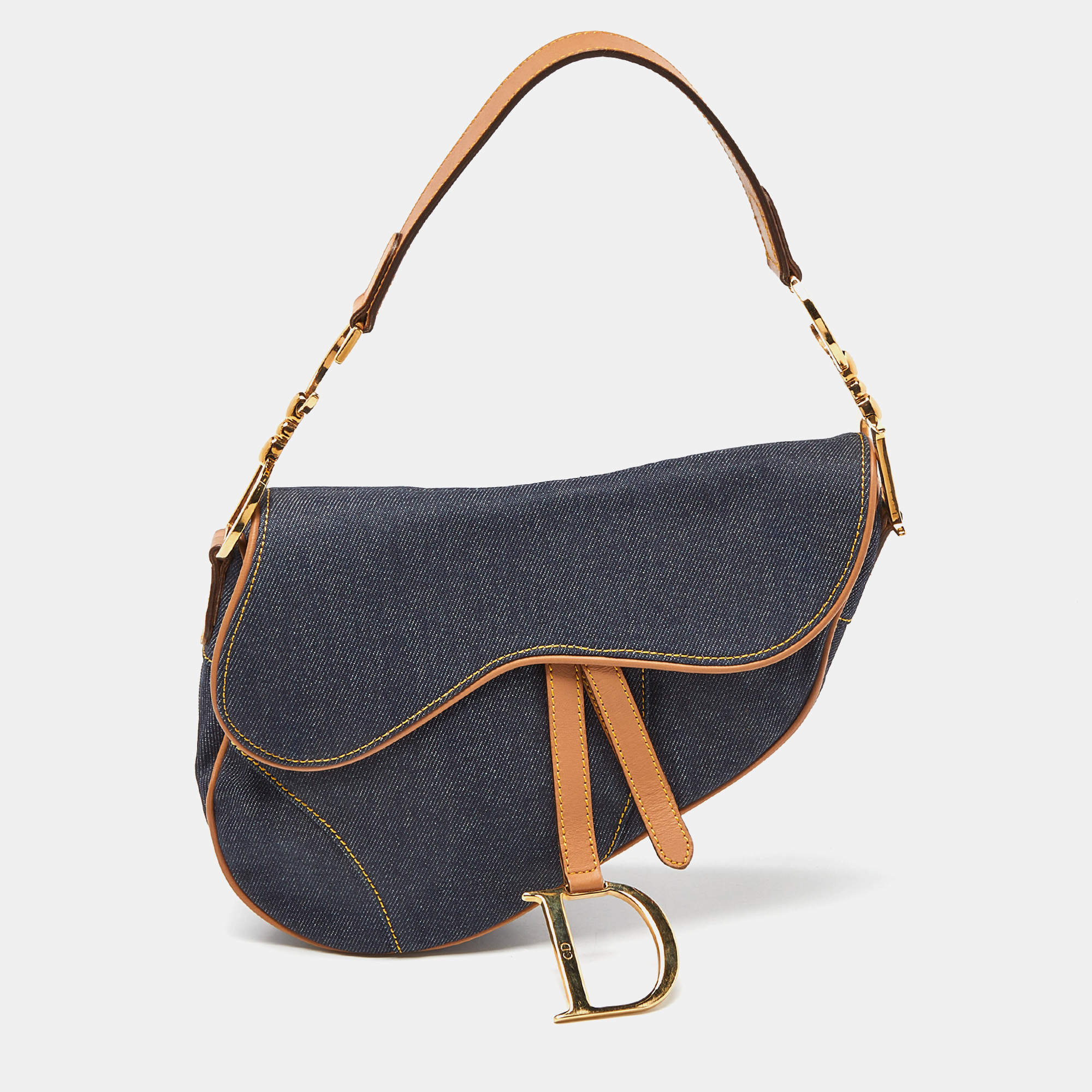 Pre Owned Dior Blue/brown Denim and Leather Saddle Bag