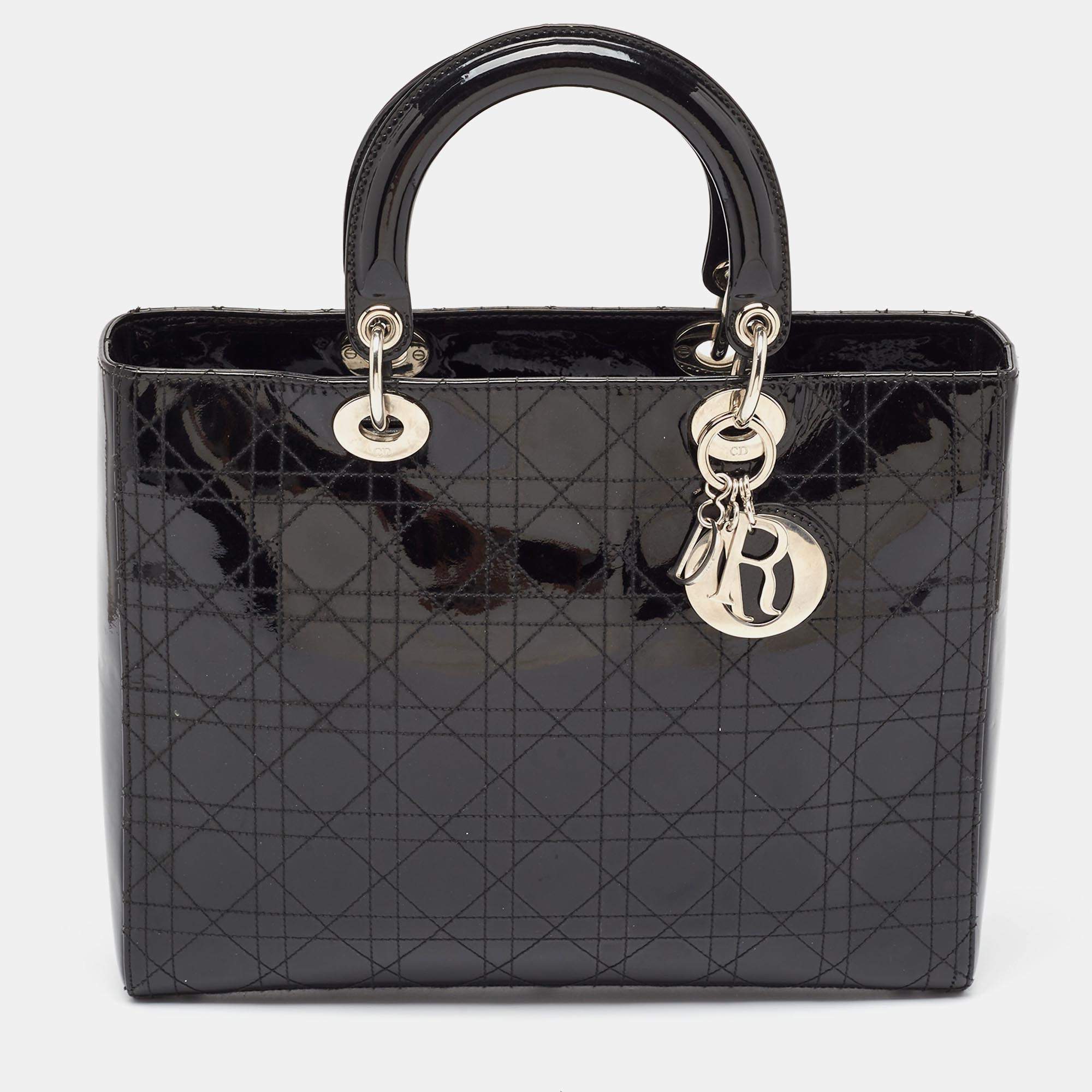 Pre Owned Dior Black Cannage Patent Leather Large Lady Dior Tote