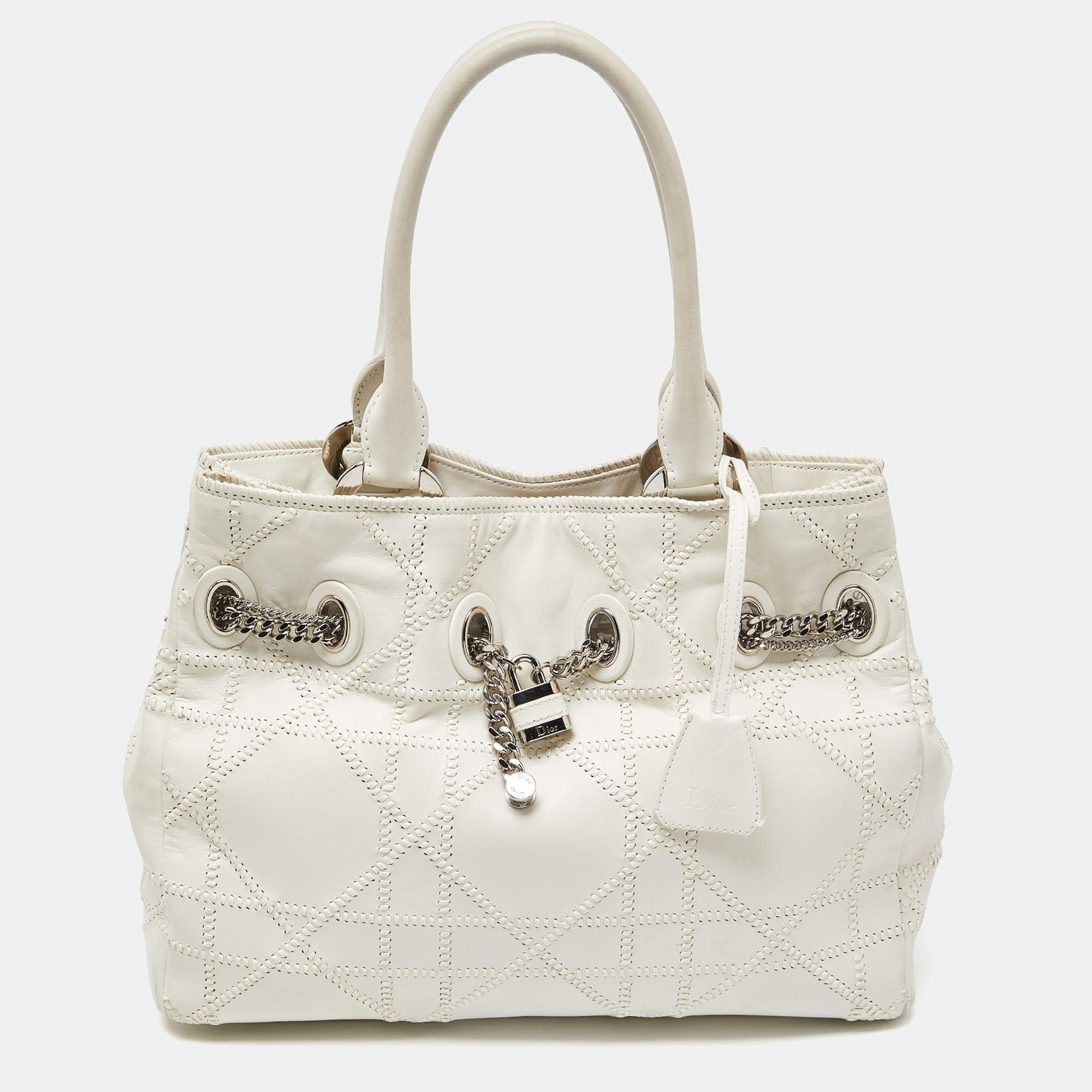 Dior White Cannage Leather Chri Chri Chain Tote