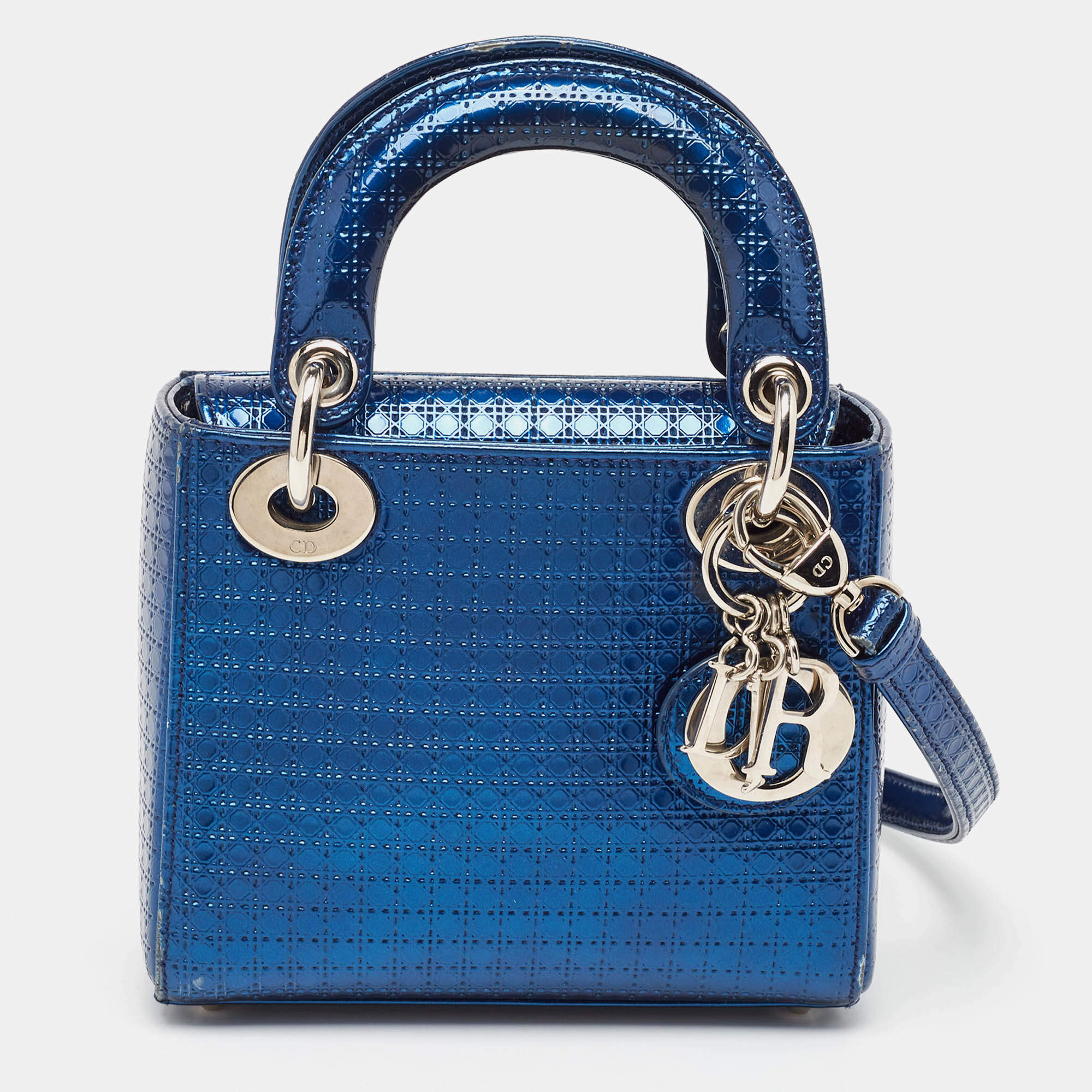 Pre Owned Dior Metallic Blue Microcannage Patent Leather Mini Lady Dior Tote