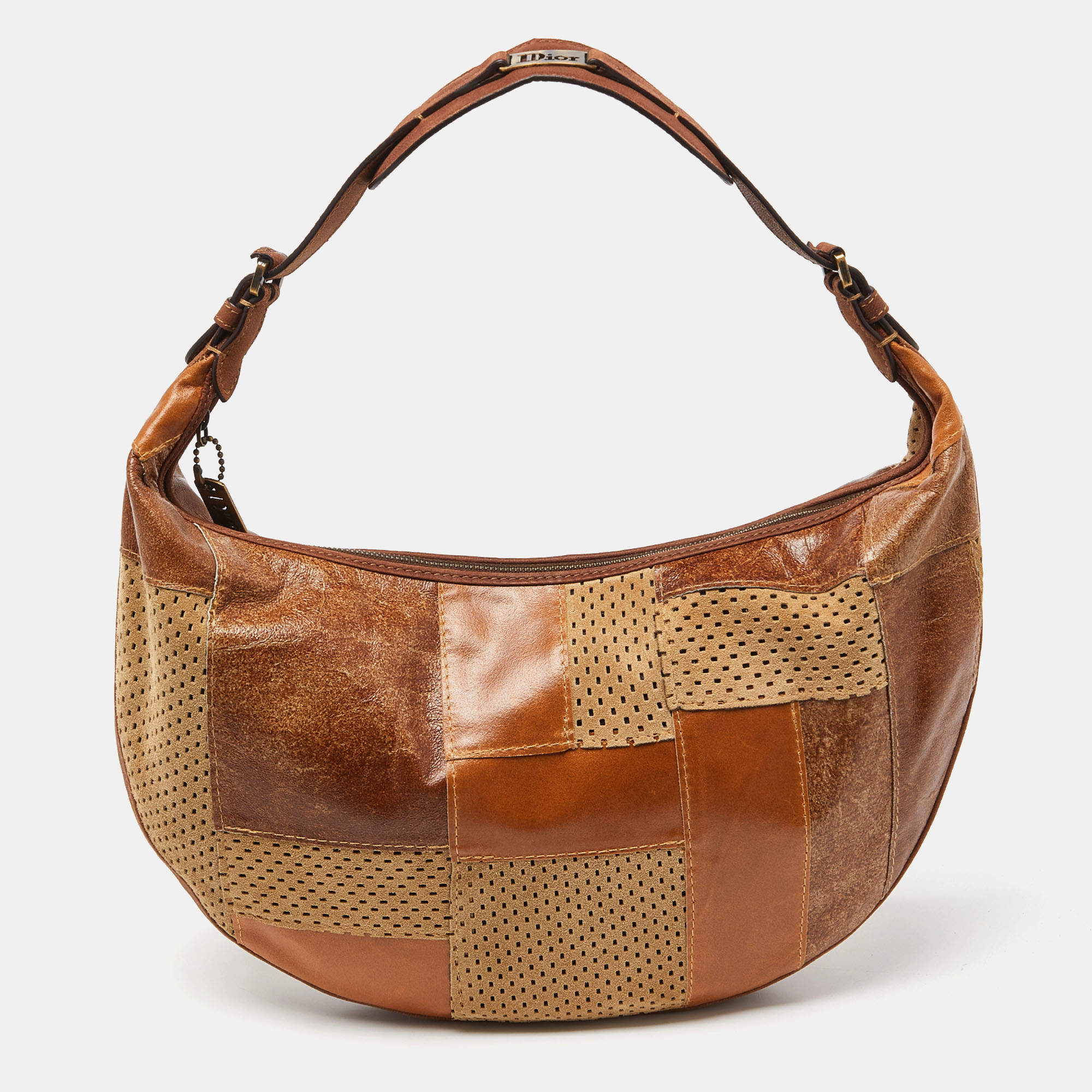 Pre Owned Dior Brown Perforated Suede and Leather Patchwork Hobo