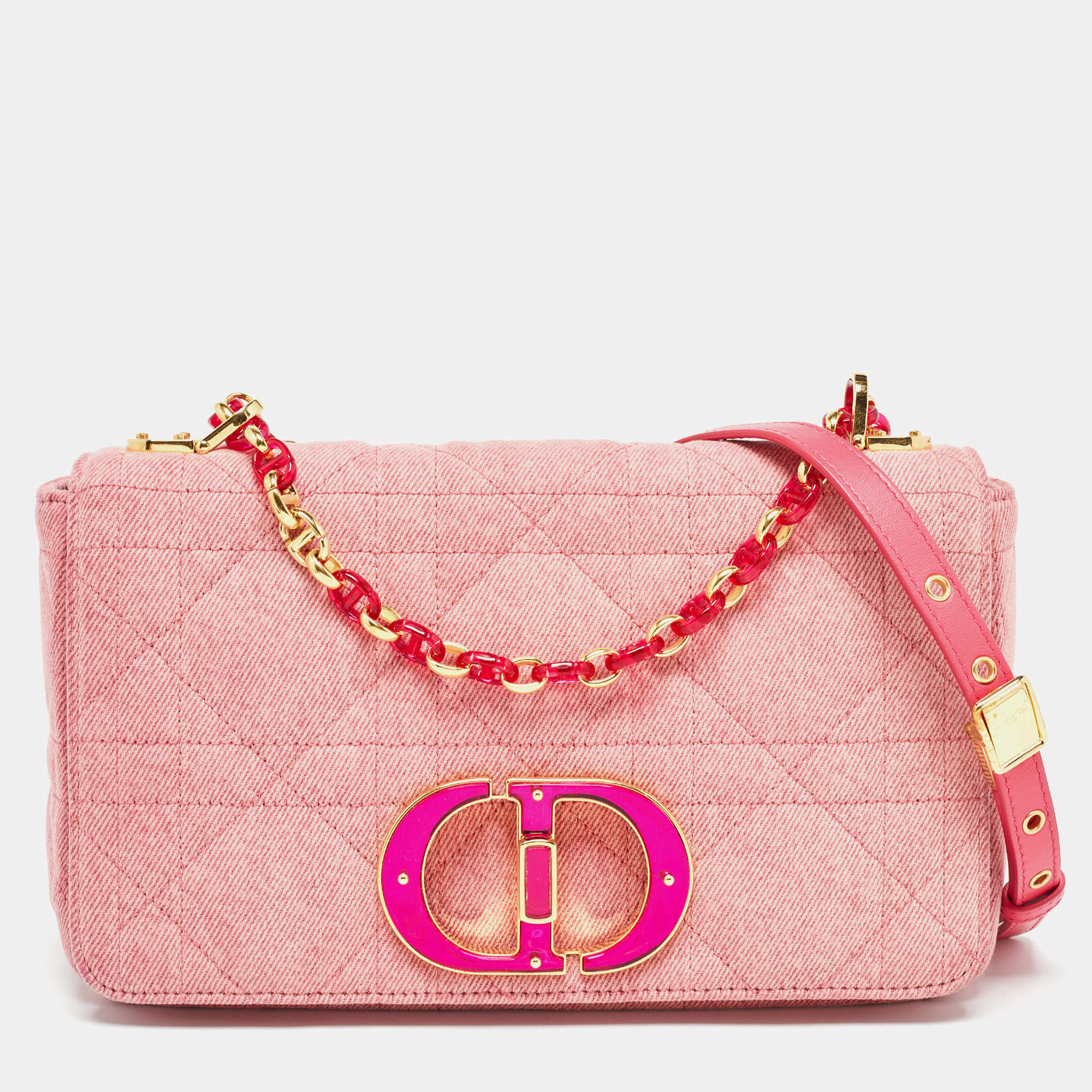 Pre Owned Dior Pink Cannage Denim Medium Caro Shoulder Bag