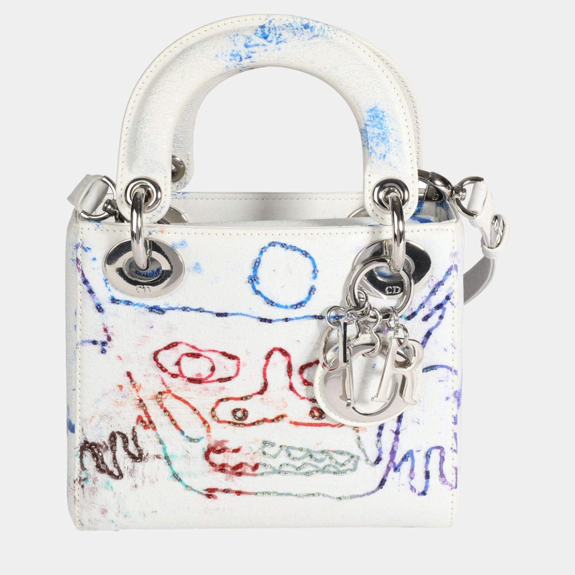 Dior X Spencer White Leather Sweeney Limited Edition Multicolor Mini Lady Dior Top Handle Bag