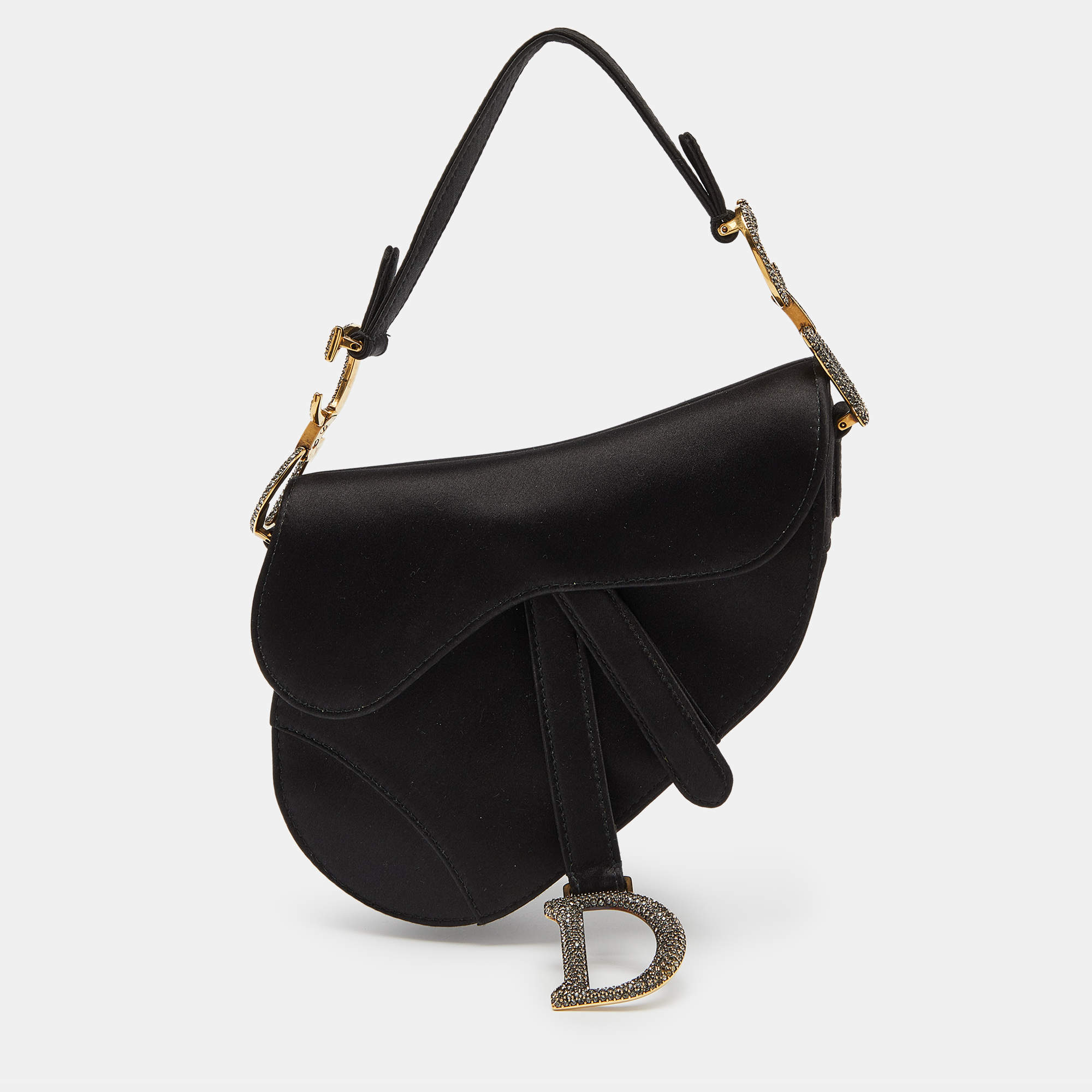 Pre Owned Dior Black Satin Mini Crystal Embellished Saddle Bag