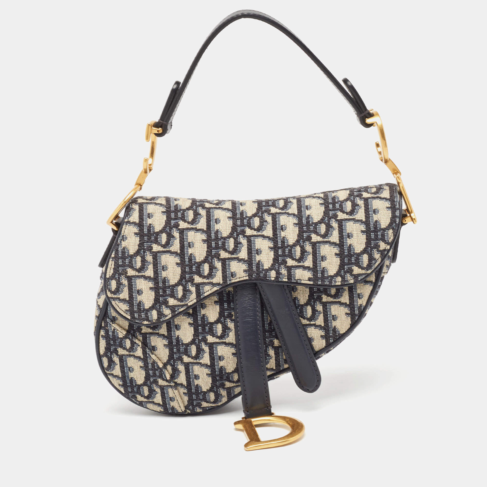 Pre Owned Dior Navy Blue Oblique Canvas and Leather Mini Saddle Bag