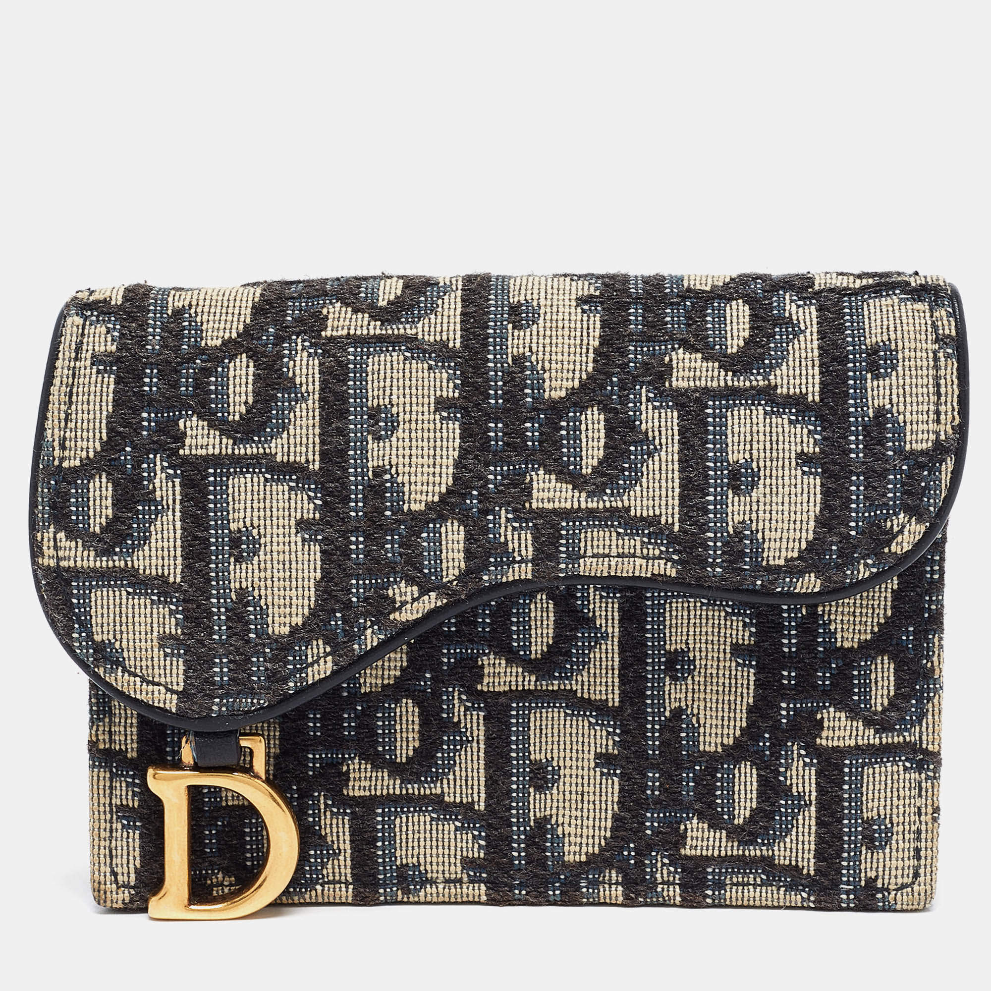 Pre Owned Dior Blue Oblique Canvas Saddle Flap Card Holder