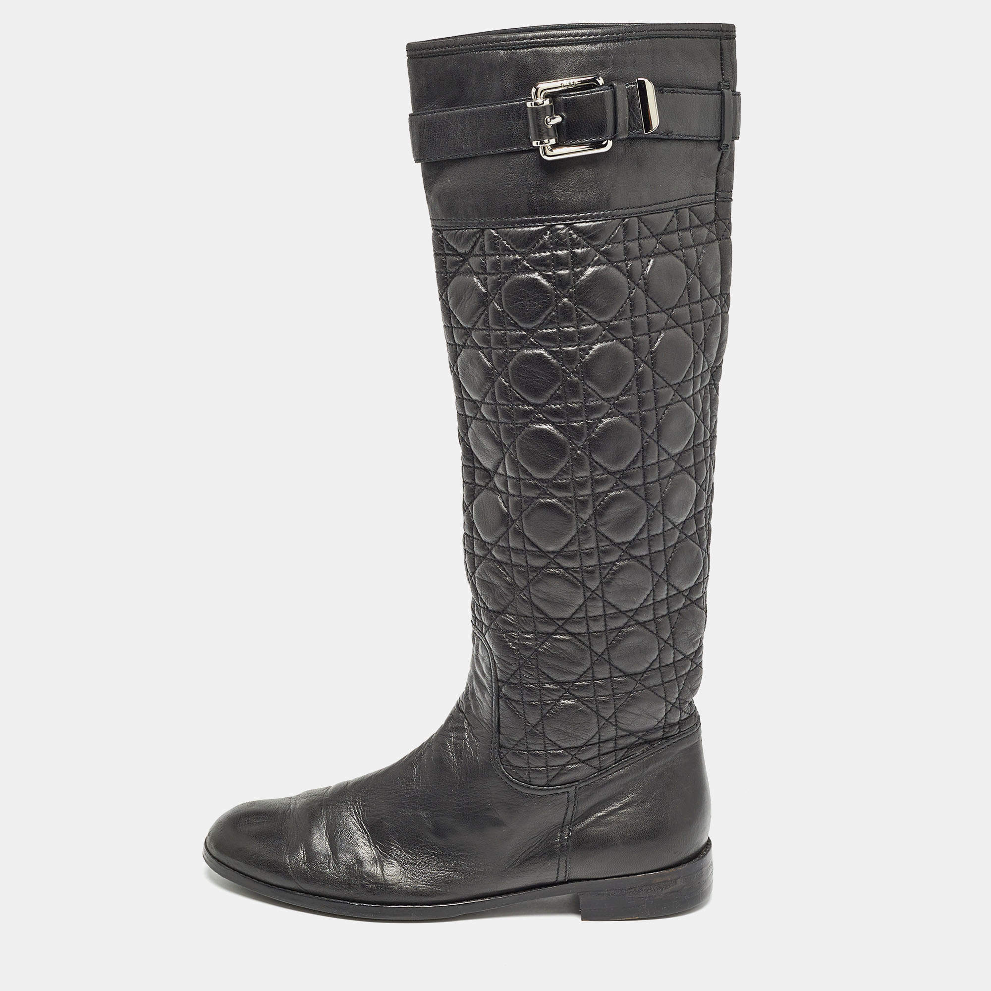 Pre Owned Dior Black Quilted Leather Buckle Detail Knee Length Boots Size 41