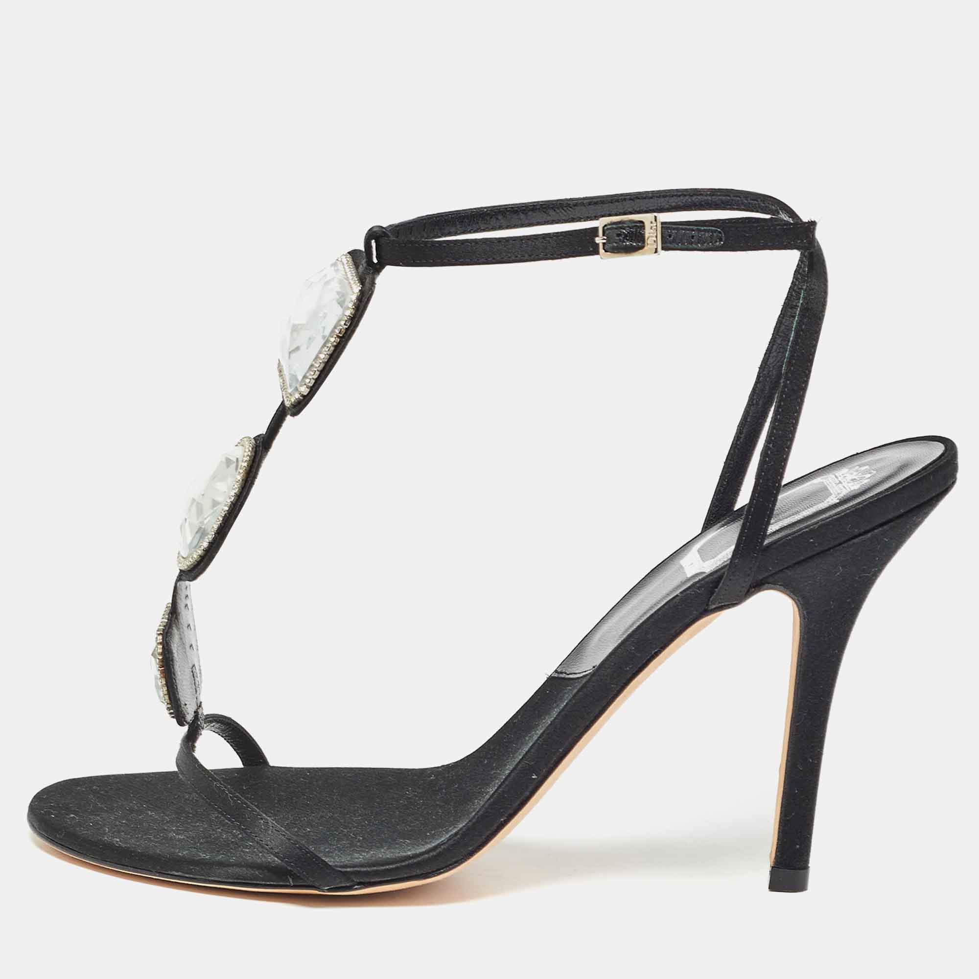 Dior Black Satin Crystal Embellished Ankle Strap Sandals Size 39.5