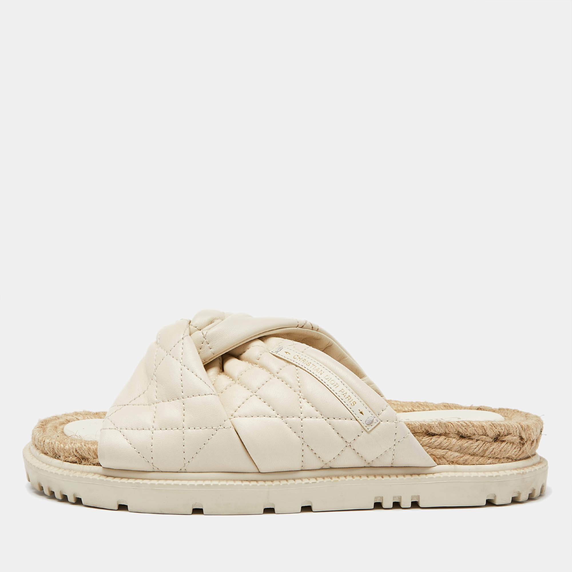 Dior Cream Quilted Leather D-Twist Espadrille Flat Slides Size 38.5