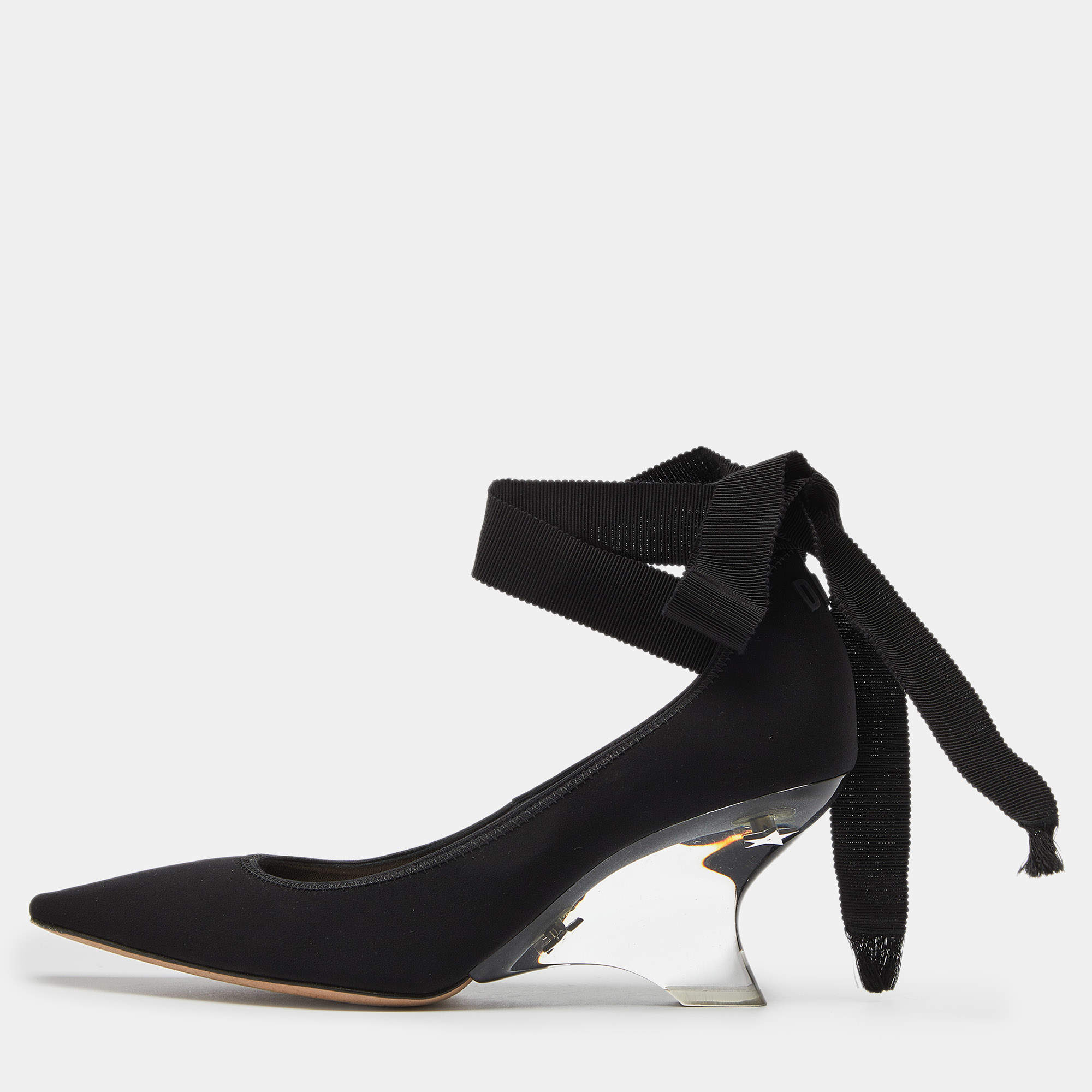 Pre Owned Dior Black Neoprene Lucite Etoile Ankle Wrap Wedge Pumps Size 38
