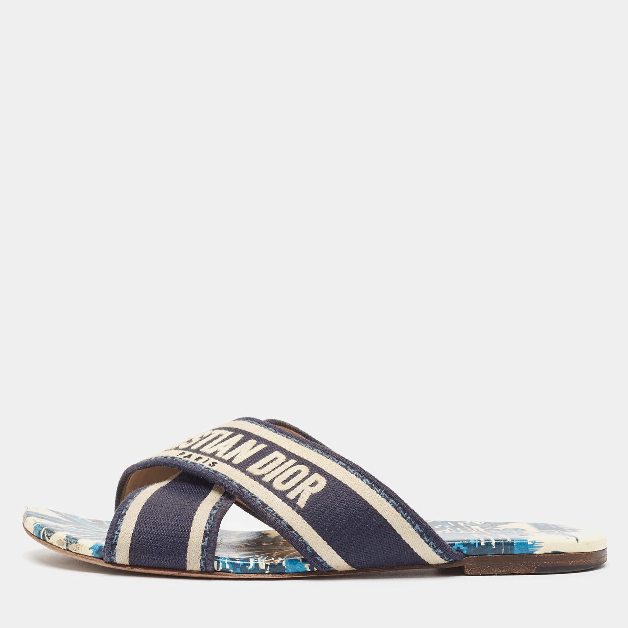 Dior Blue/White Canvas Dway Criss Cross Slide Sandals Size 37 