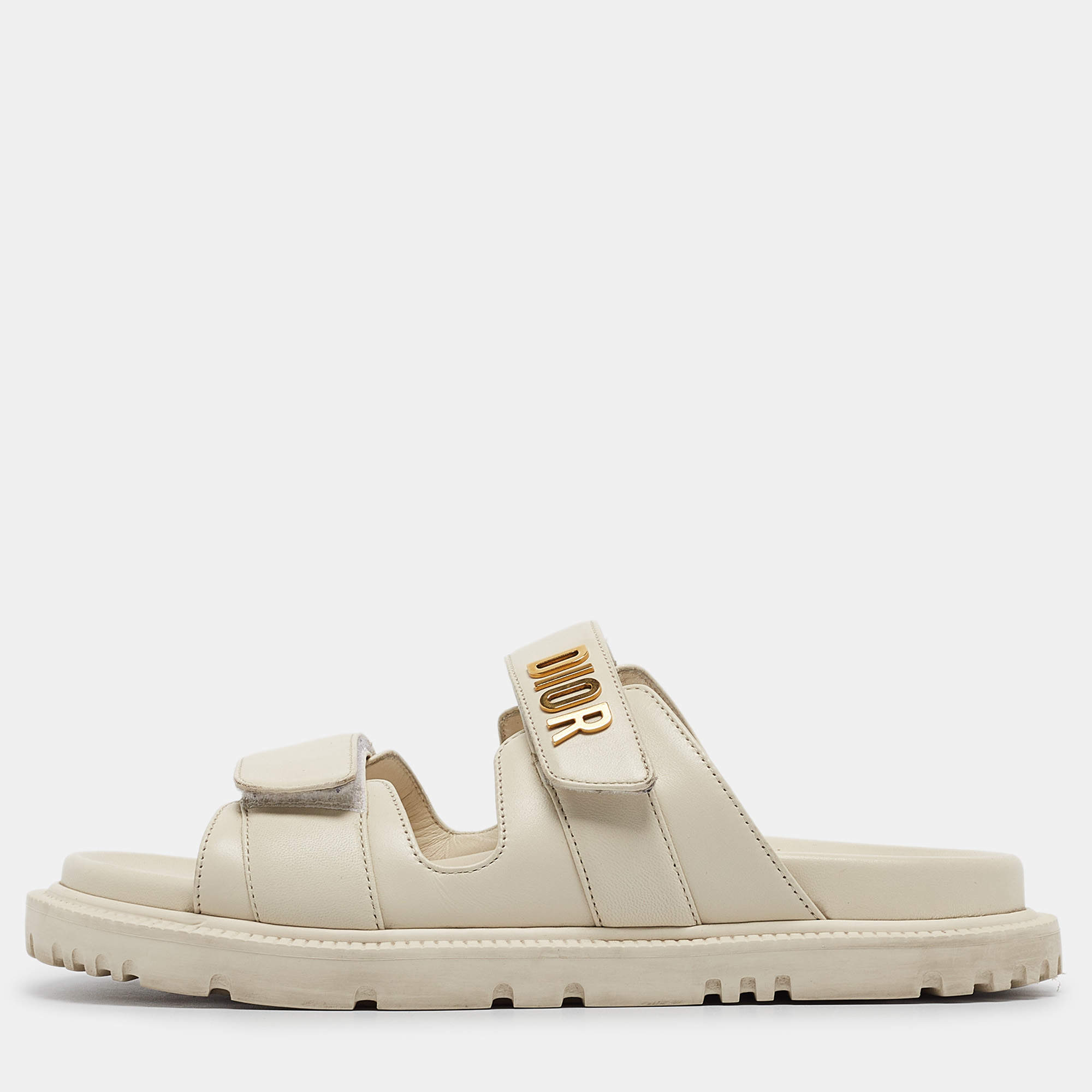 Dior Cream Leather DiorAct Flat Sandals Size 37.5