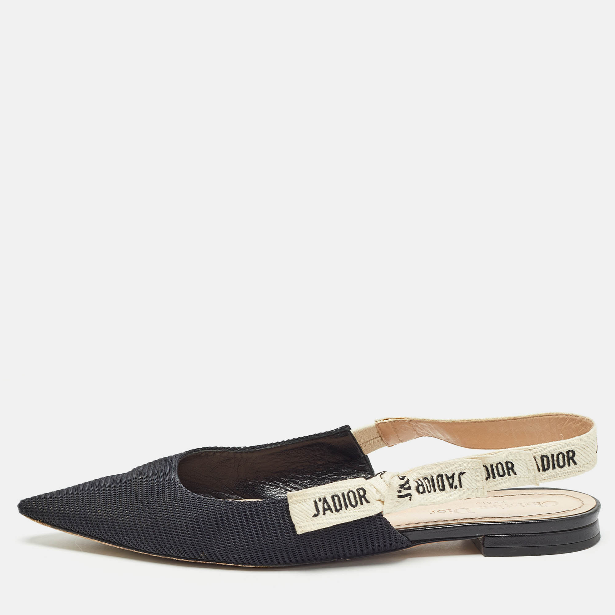 Dior Black/White Fabric J'Adior Slingback Flats Size 39.5