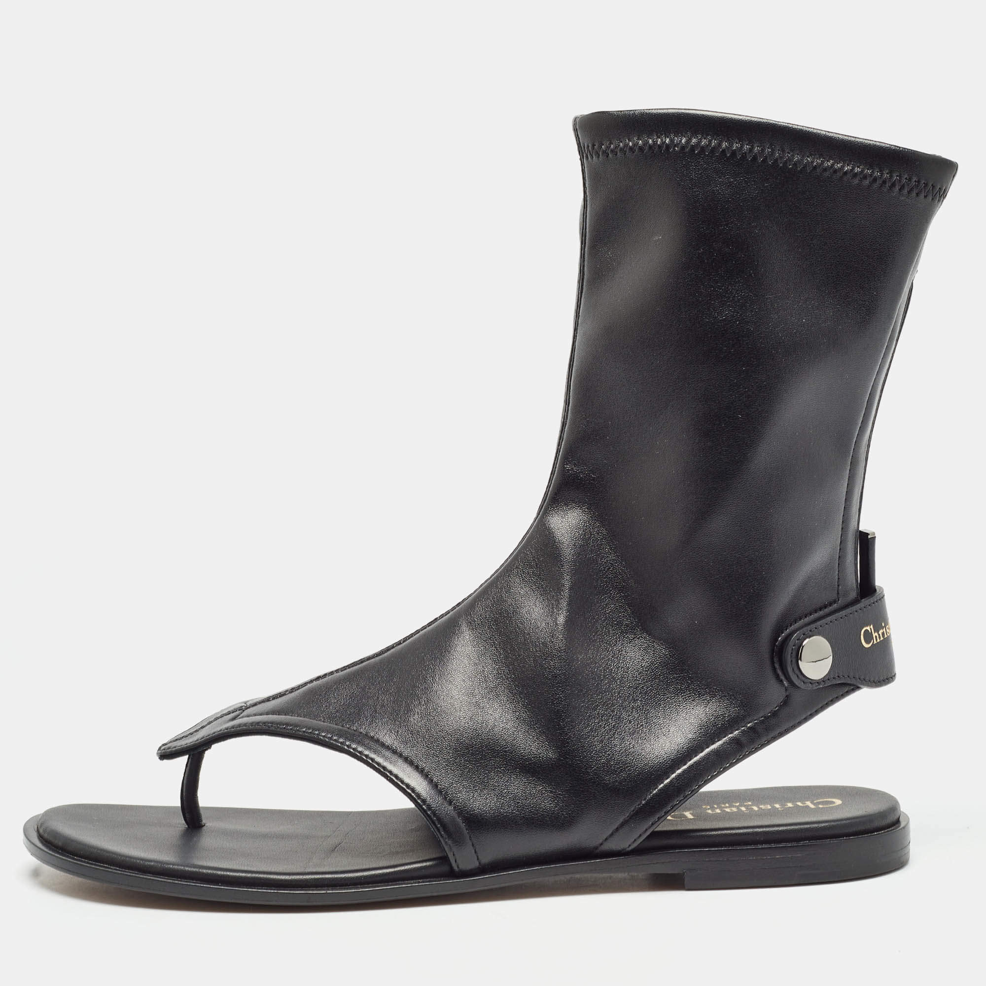 Dior Black Leather Spirit Thong Flat Sandals Size 38