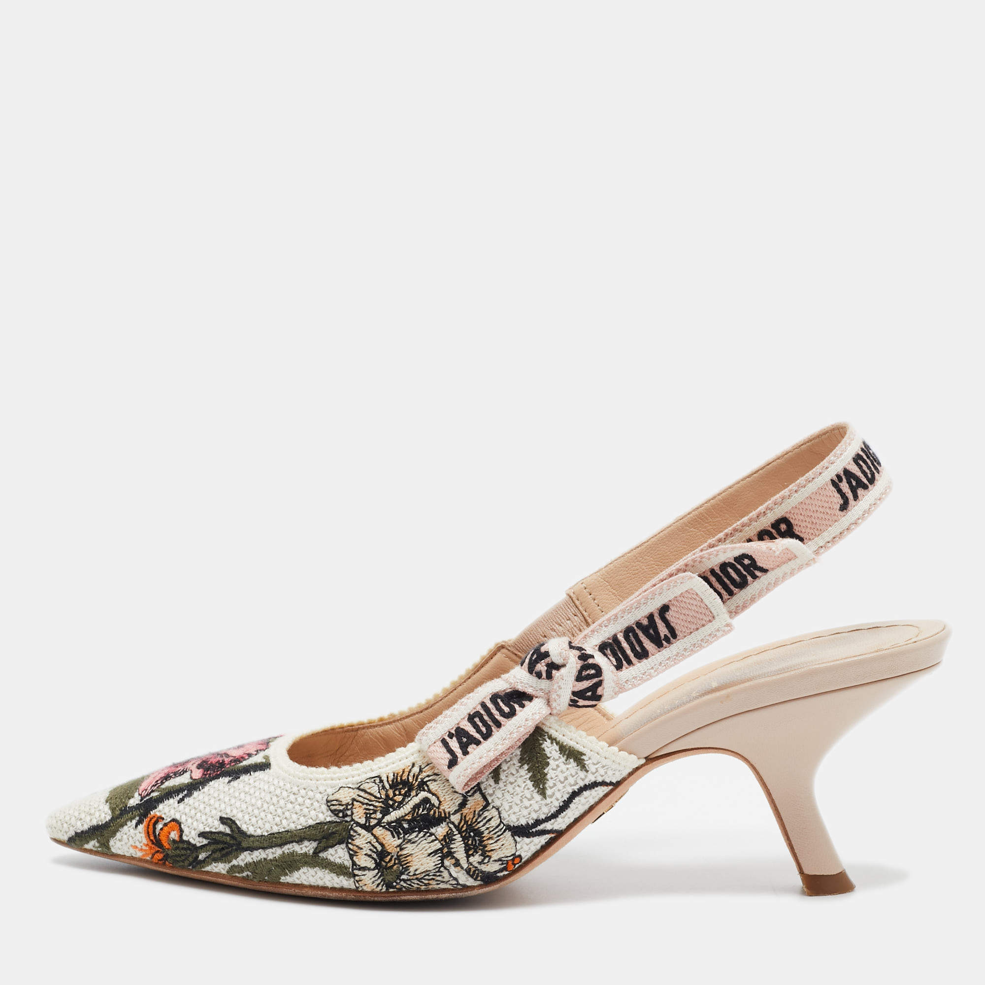 Pre Owned Dior White Floral Embroidered Canvas J'adior Slingback Pumps Size 36