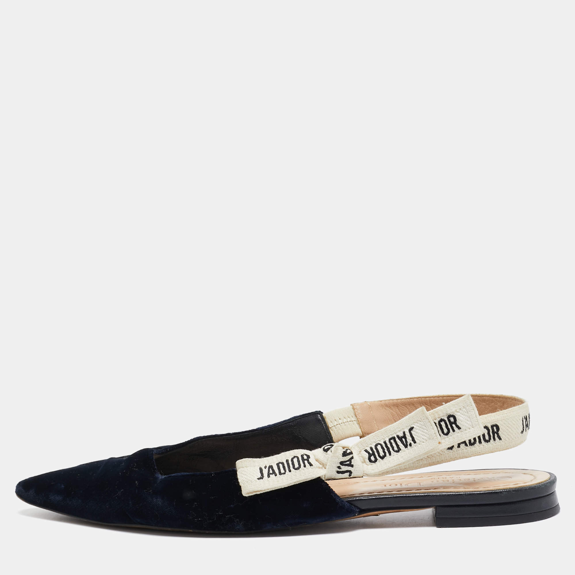 Pre Owned Dior Navy Blue Velvet J'adior Slingback Flats Size 37.5