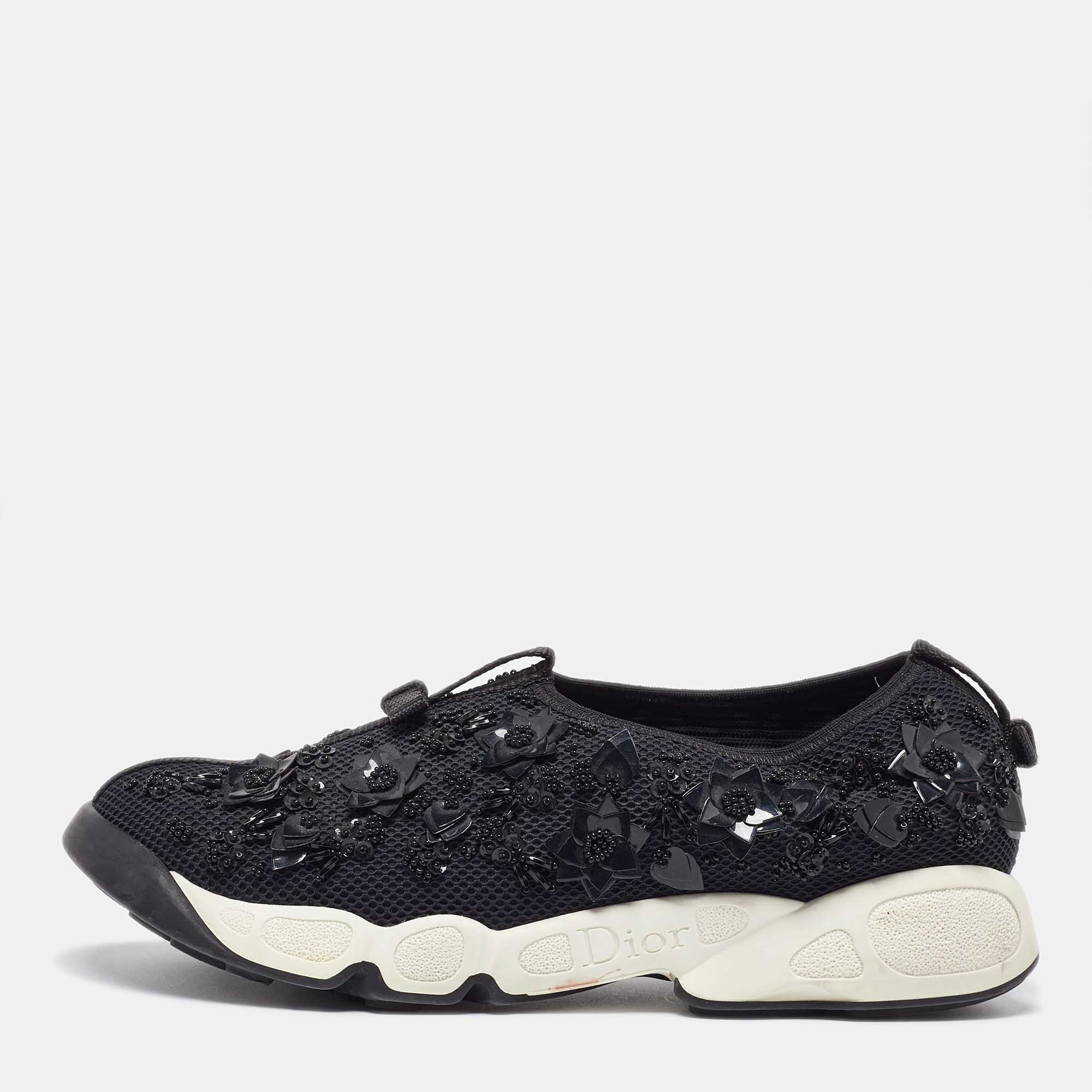 Pre Owned Dior Black Mesh Sequins/Beads Embellished Fusion Sneakers Size 38