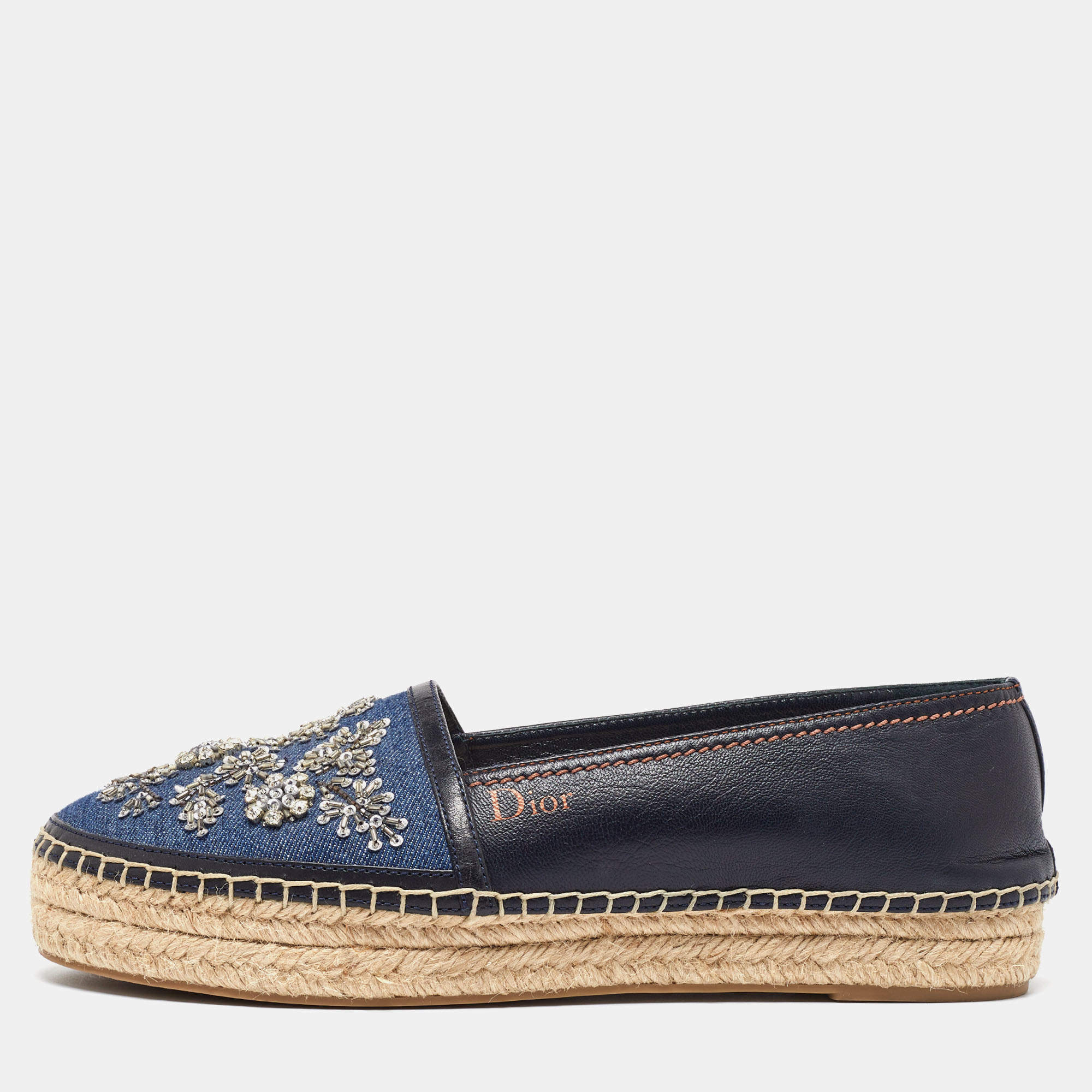 Pre Owned Dior Blue Leather and Denim Crystal Embellished Flat Espadrilles Size 38.5