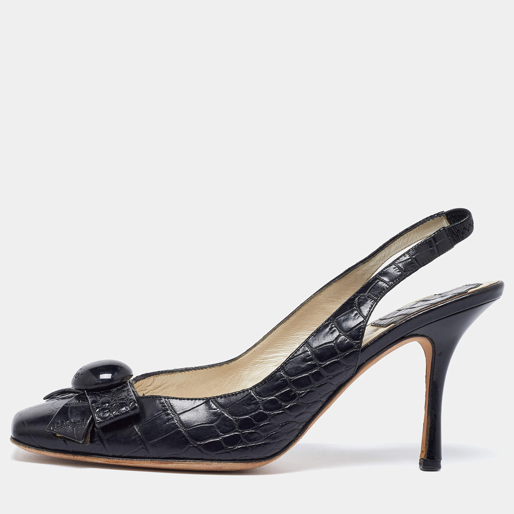 Pre Owned Dior Black Croc Embossed Leather Slingback Pumps Size 37.5